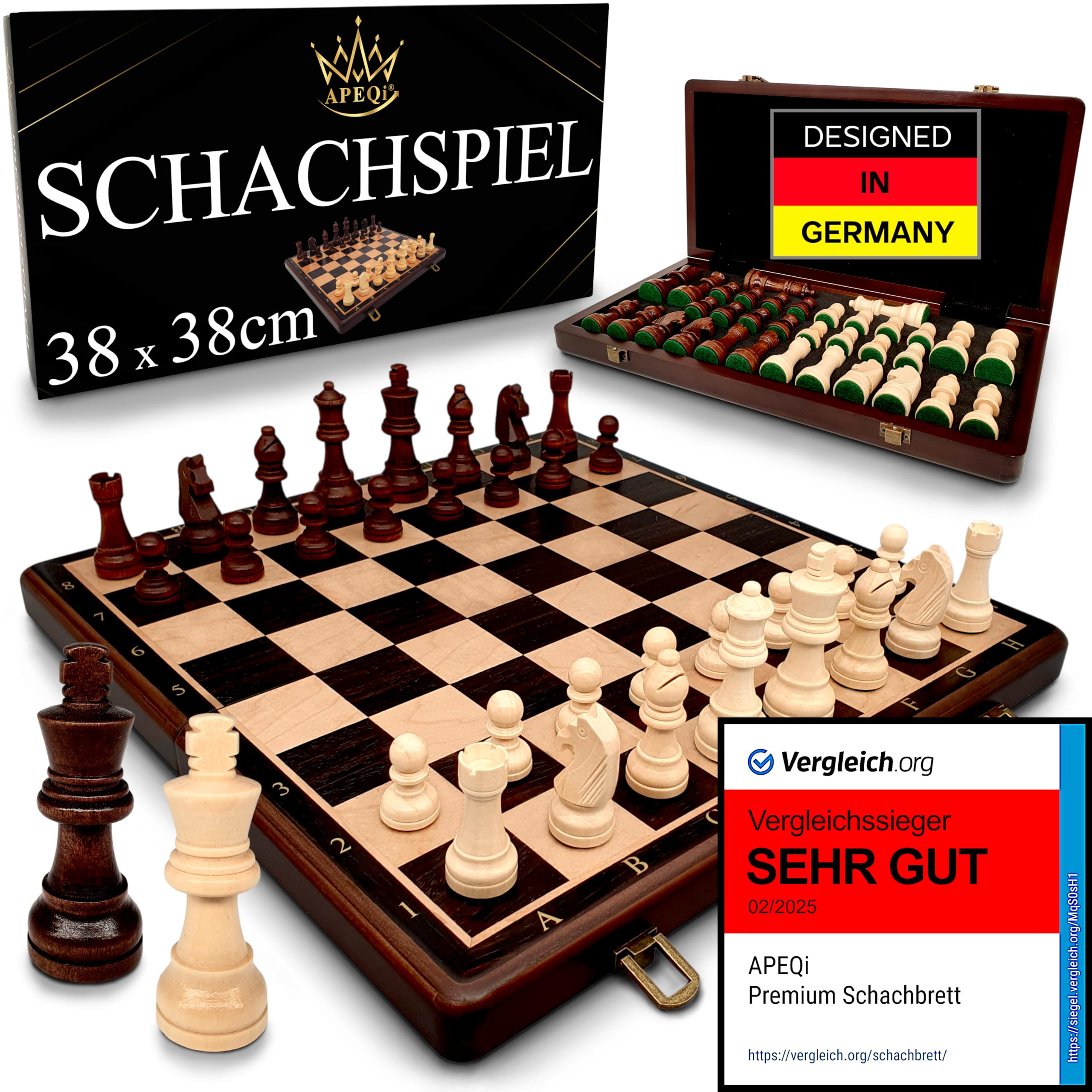 APEQi® Premium Schach - Schachspiel Holz HOCHWERTIG - [38x38cm], Massivholz, 2 EXTRA-Damen, Geschenkidee - Schachbrett Holz hochwertig - klappbares Chess Board mit 34 Schachfiguren, Reiseschach