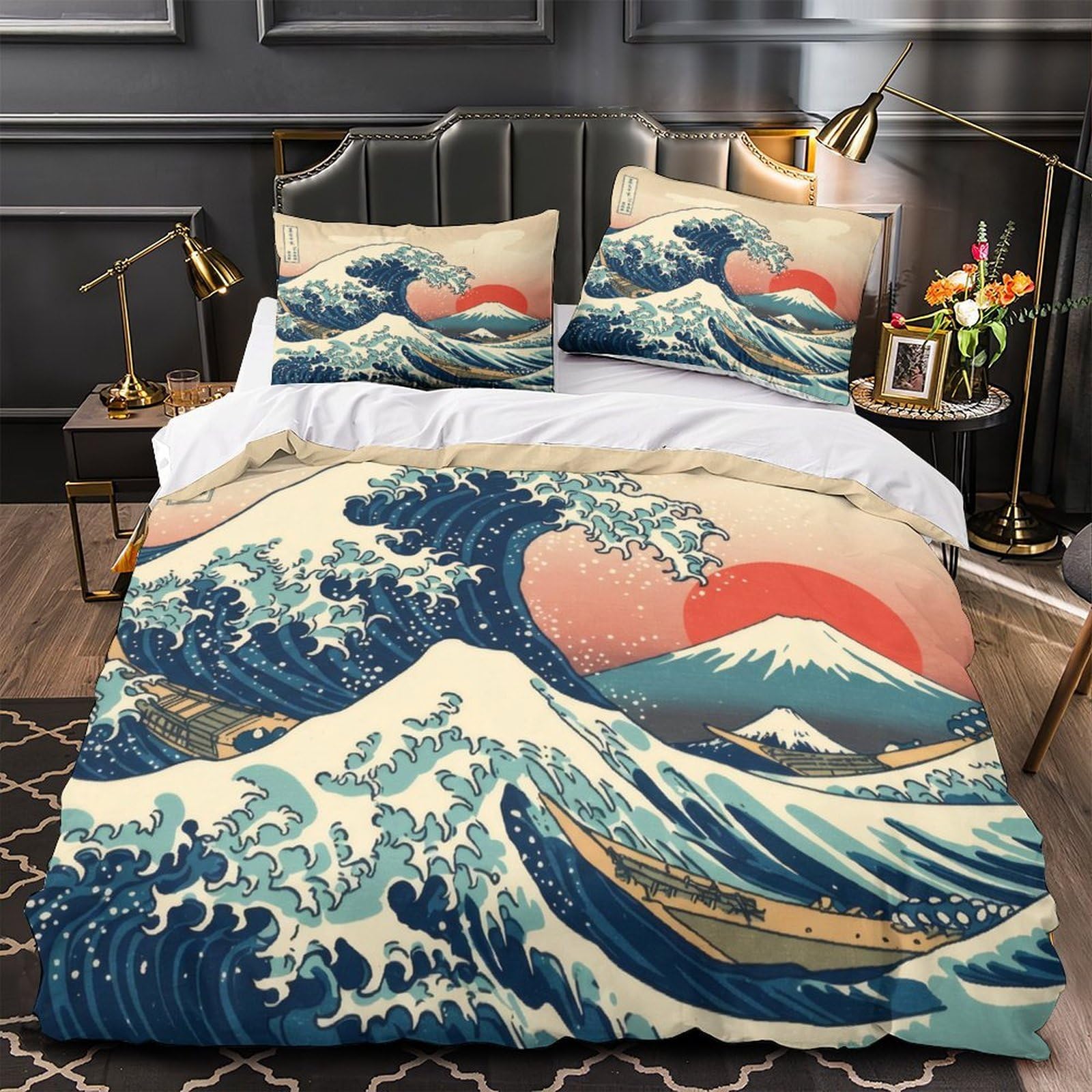 Parure de lit ukiyo-e OceanWave en microfibre douce et finitions premium