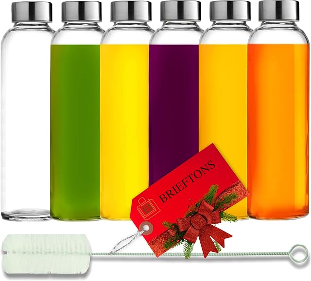 Brieftons Glass Water Bottles With Caps: Clear, 6 Pack, 500ml, Leakproof Lids, Premium Soda Lime, Best As Reusable Drinking Bottle, Sauce Jar, Juice Beverage Container, Kefir Kit, With Cleaning Brush