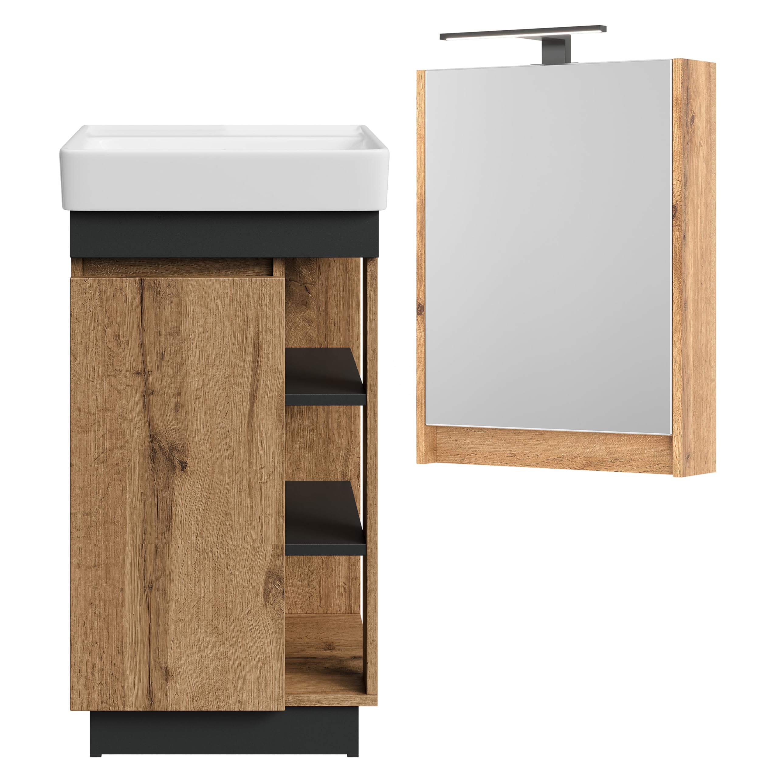 Planetmöbel Nyx Ensemble de Meubles de Salle de Bain 2 pièces Lavabo Meuble sous Vasque 45 x 85,9 x 42 cm Chêne Wotan/Anthracite avec Armoire de Toilette 50 x 65 x 11,4 cm avec Lampe LED apparente