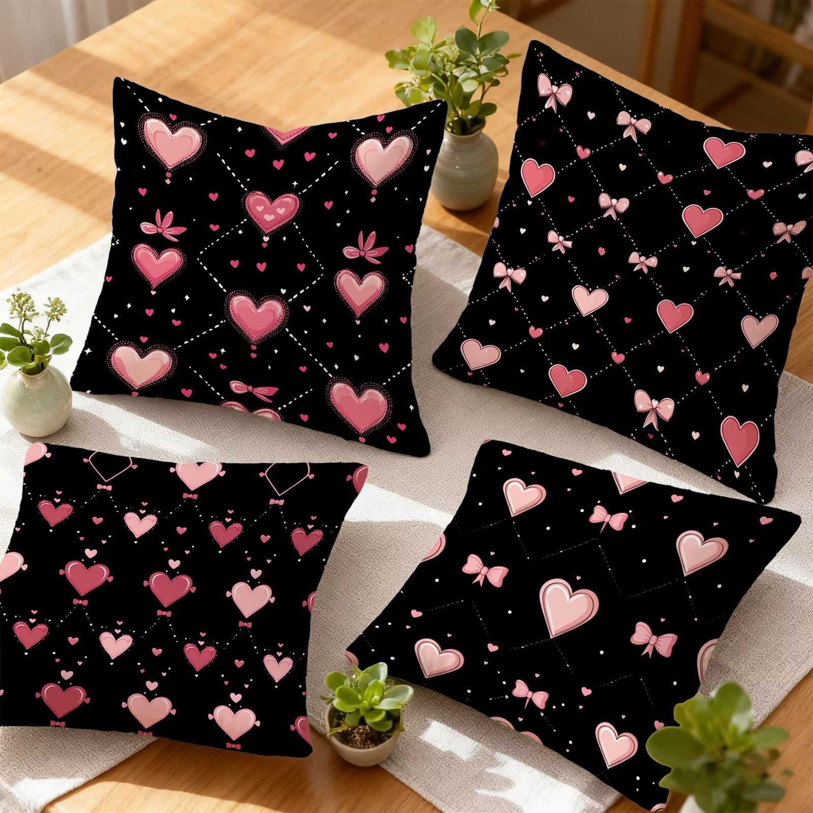 Czarna poszewka na poduszkę 60 x 60 cm, różowa poszewka na poduszkę 60 x 60 cm, zestaw 4 sztuk, super miękkie, 60 x 60, dekoracja jesienna, kwadratowa poszewka na poduszkę, sofa, do domu, sypialni