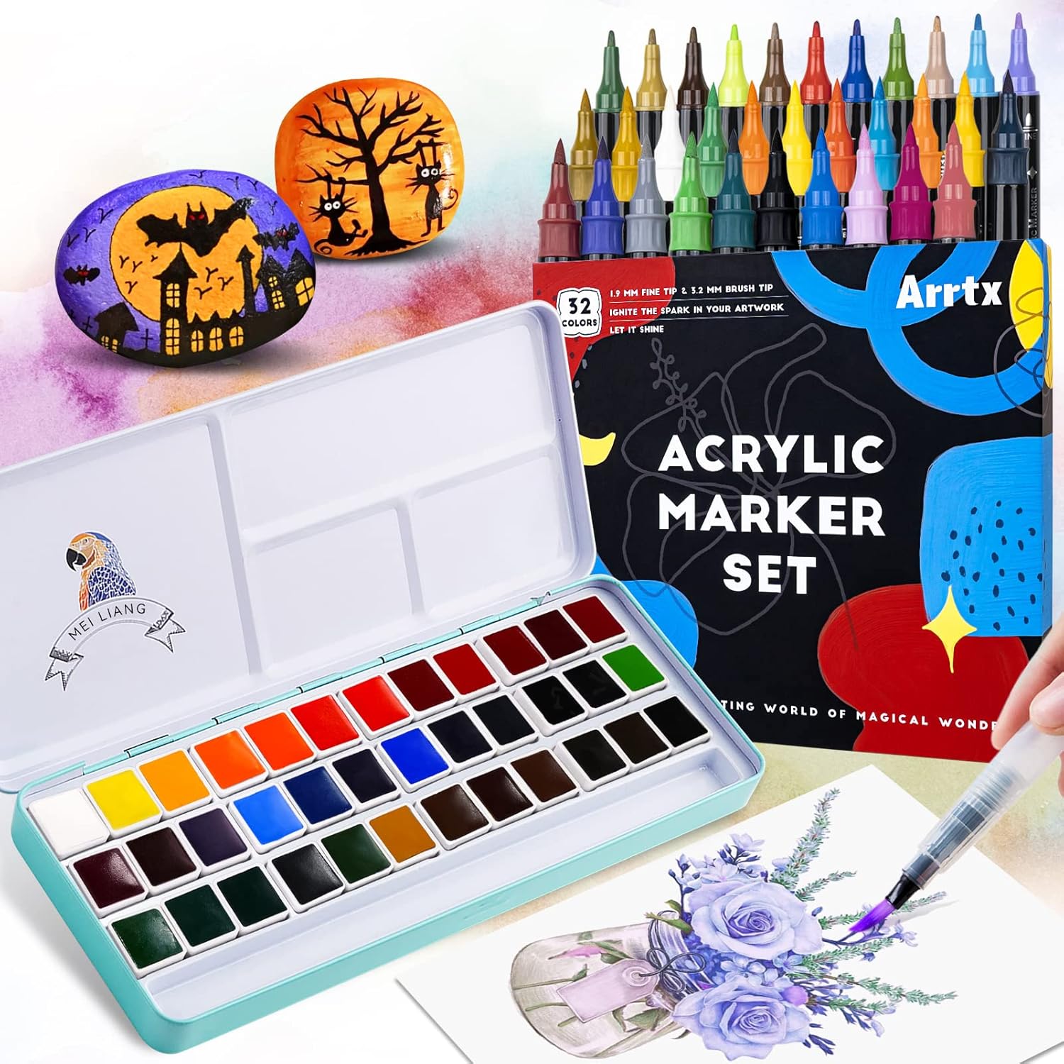 Arrtx Acrylic Paint Pens, 32 Colors Brush Tip and Fine Tip (Dual Tip) Paint Markers, MeiLiang Watercolor Paint Set, 36 Vivid Colors