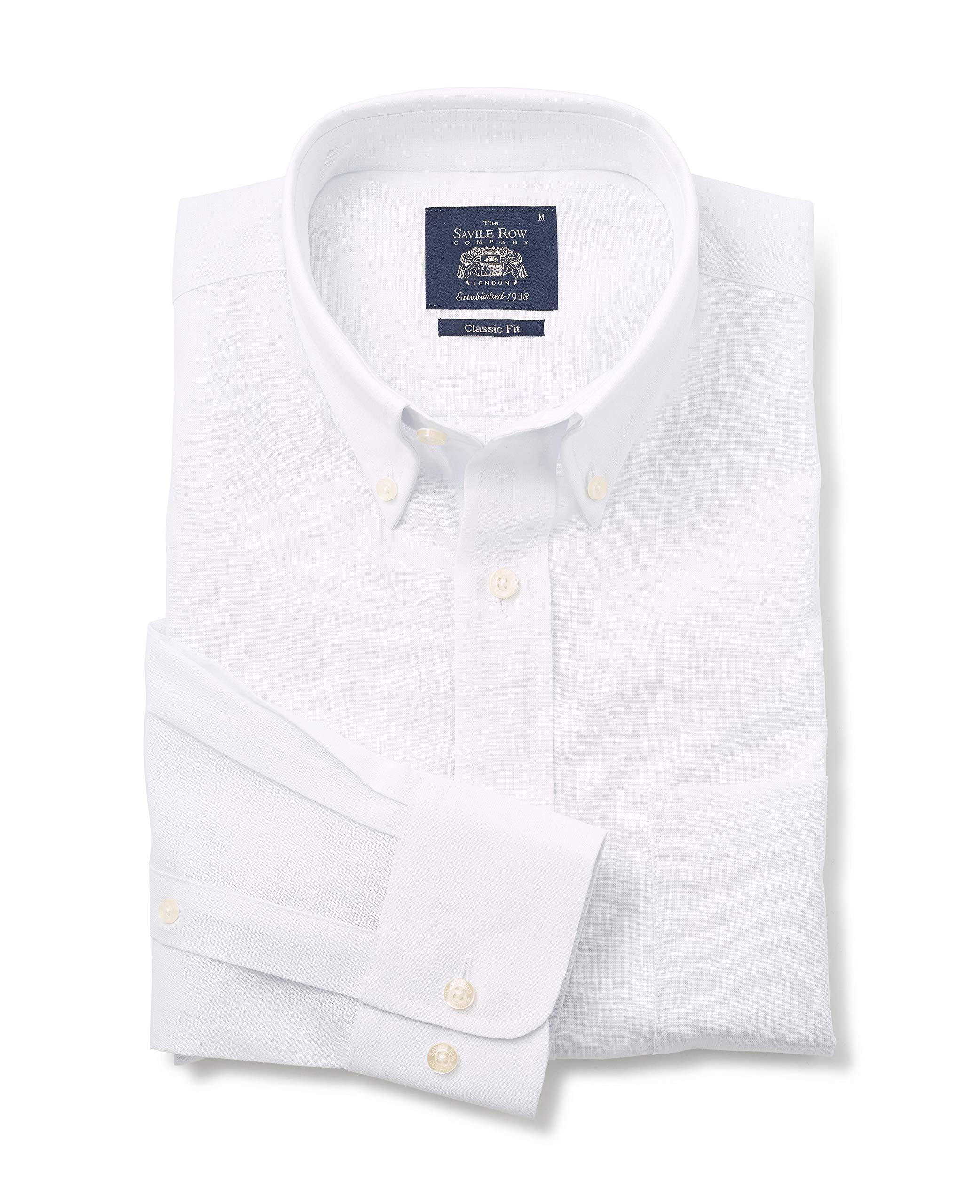 The Savile Row Company London Men's White Classic Fit Linen-Cotton Blend Long Sleeve Casual Shirt - Large