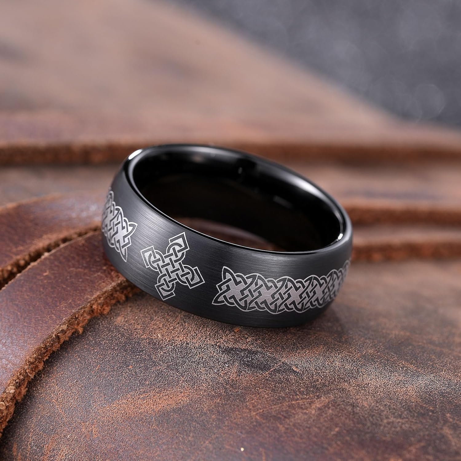 King Will Black Tungsten Carbide Wedding Band For Men, Thorn Pattern Design, 8mm Dome Matte Brushed Engagement Rings for Daily Wear and Activities, Comfort Fit Size 7-12