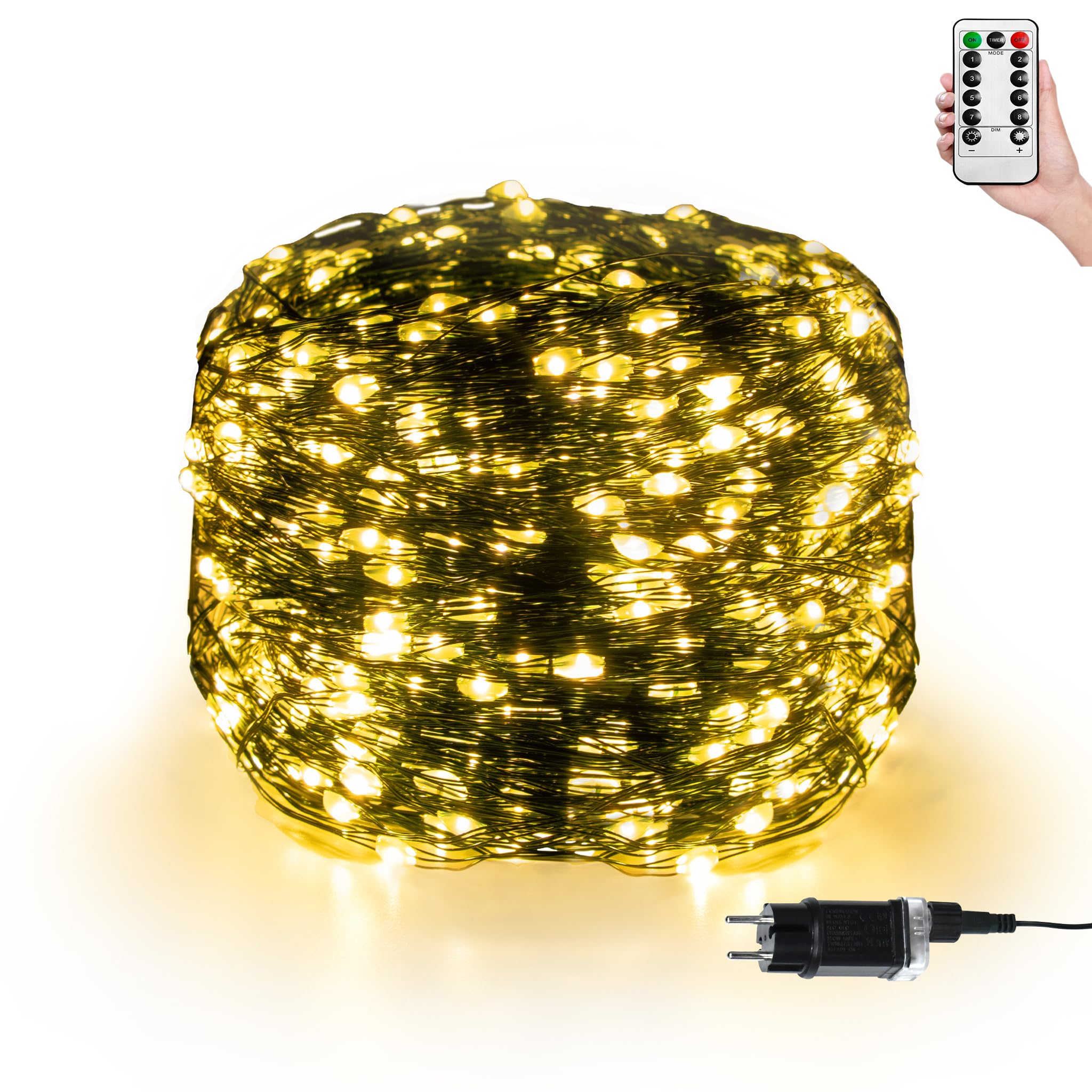 UISEBRT Catena luminosa a LED per interni ed esterni con alimentazione elettrica 120 m con spina e telecomando - Catena luminosa in filo di rame con 8 modalità di illuminazione per decorazioni
