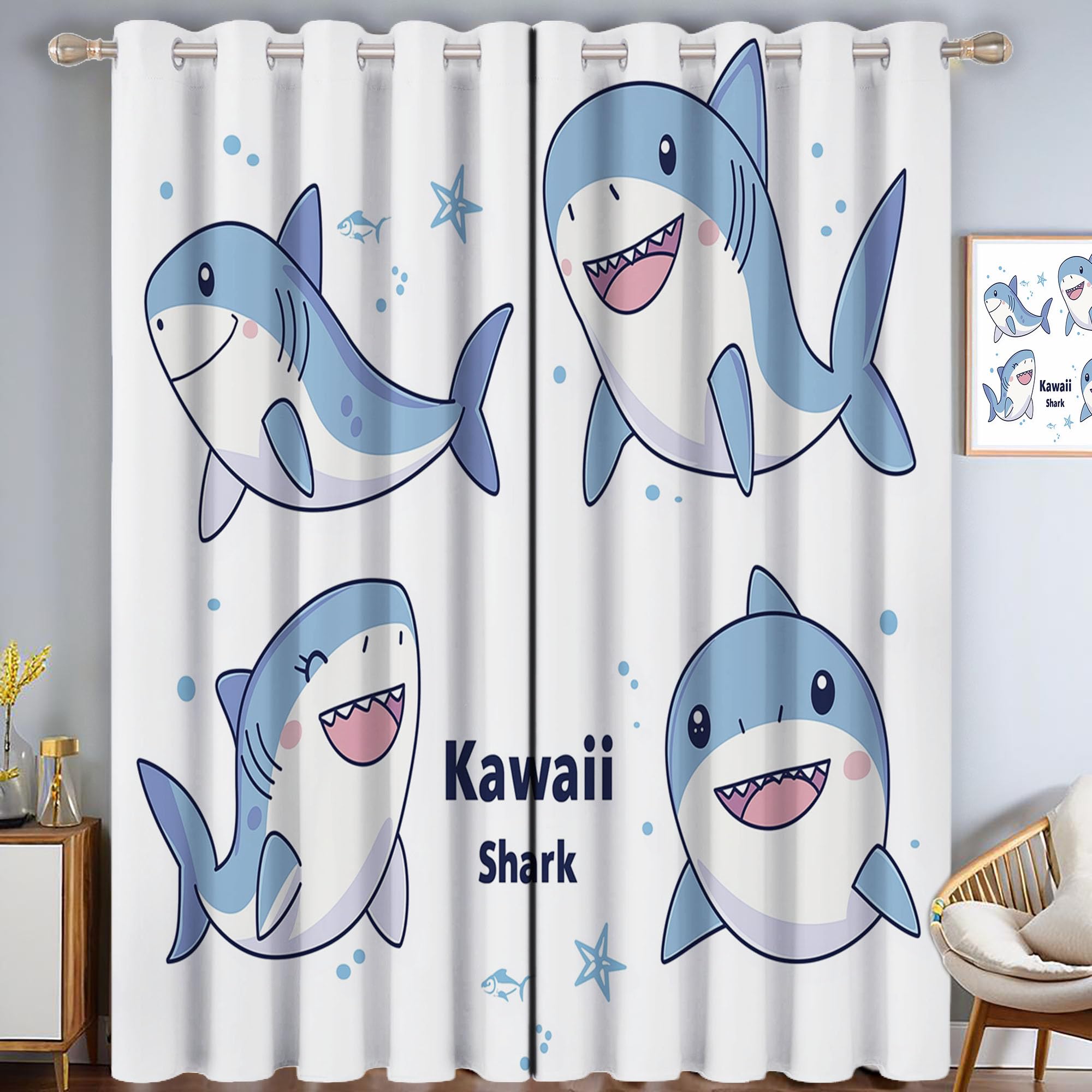 Rideau thermique anti chaleur et froid motif requin blanc occultant