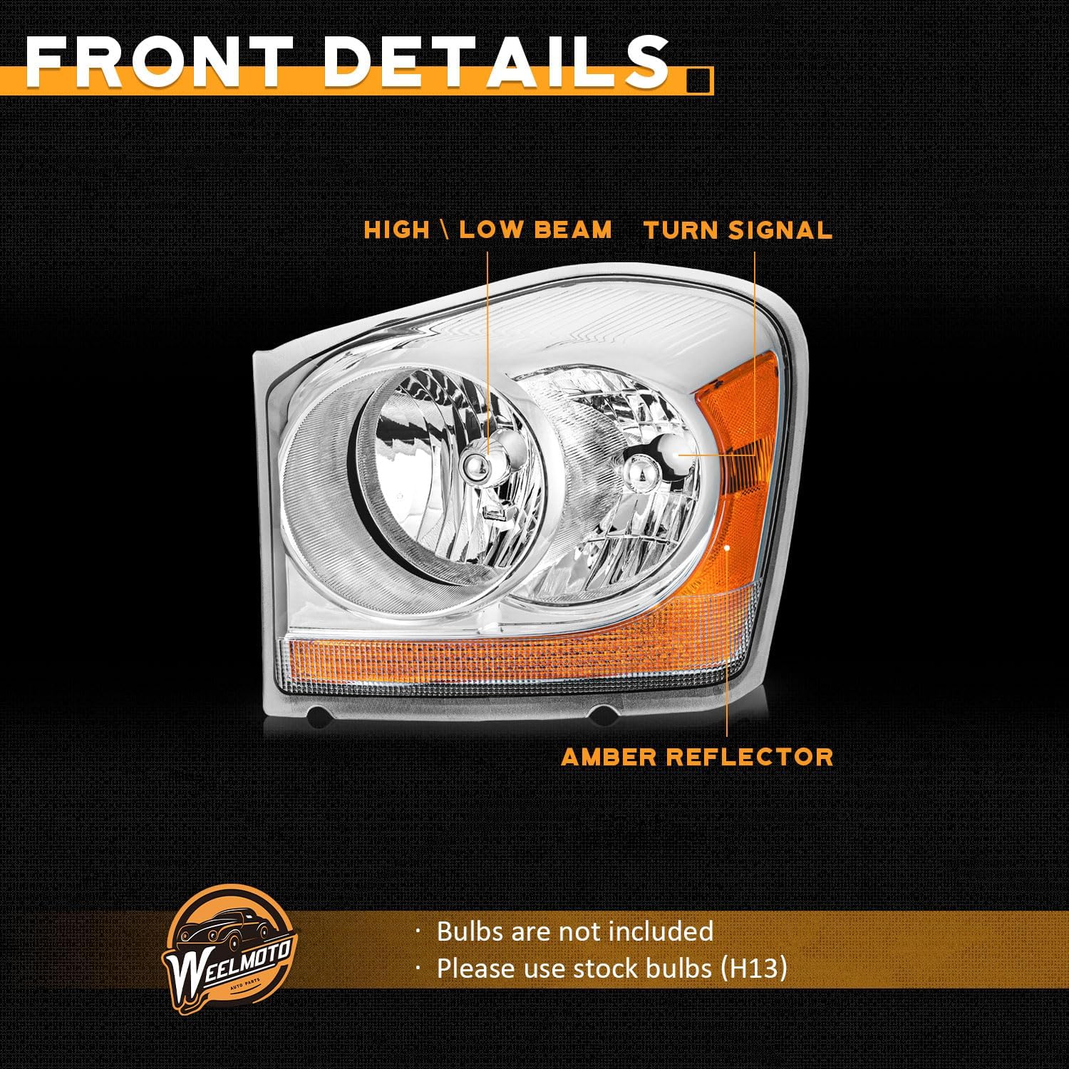 WEELMOTO Halogen Headlights for 2004-2005 Dodge Durango Headlight Assembly Pair Replacement for 04-05 Durango Chrome Housing