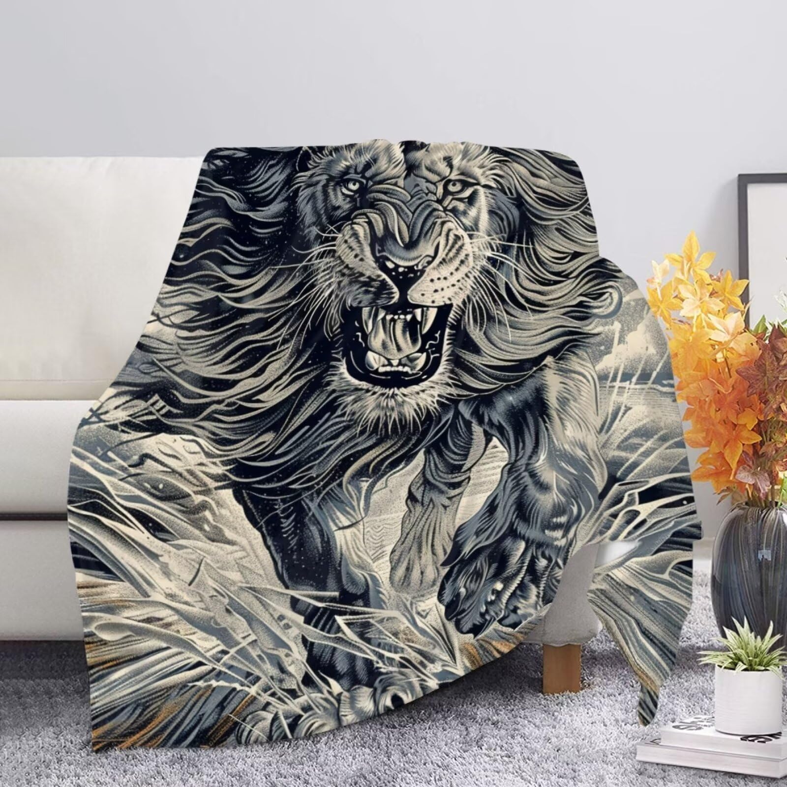Allcute Comic Style Lion Throw Blanket for Couch Bed Cozy Black Soft Blankets for Women Spring Winter Fall Sofa Blanket Home Decor