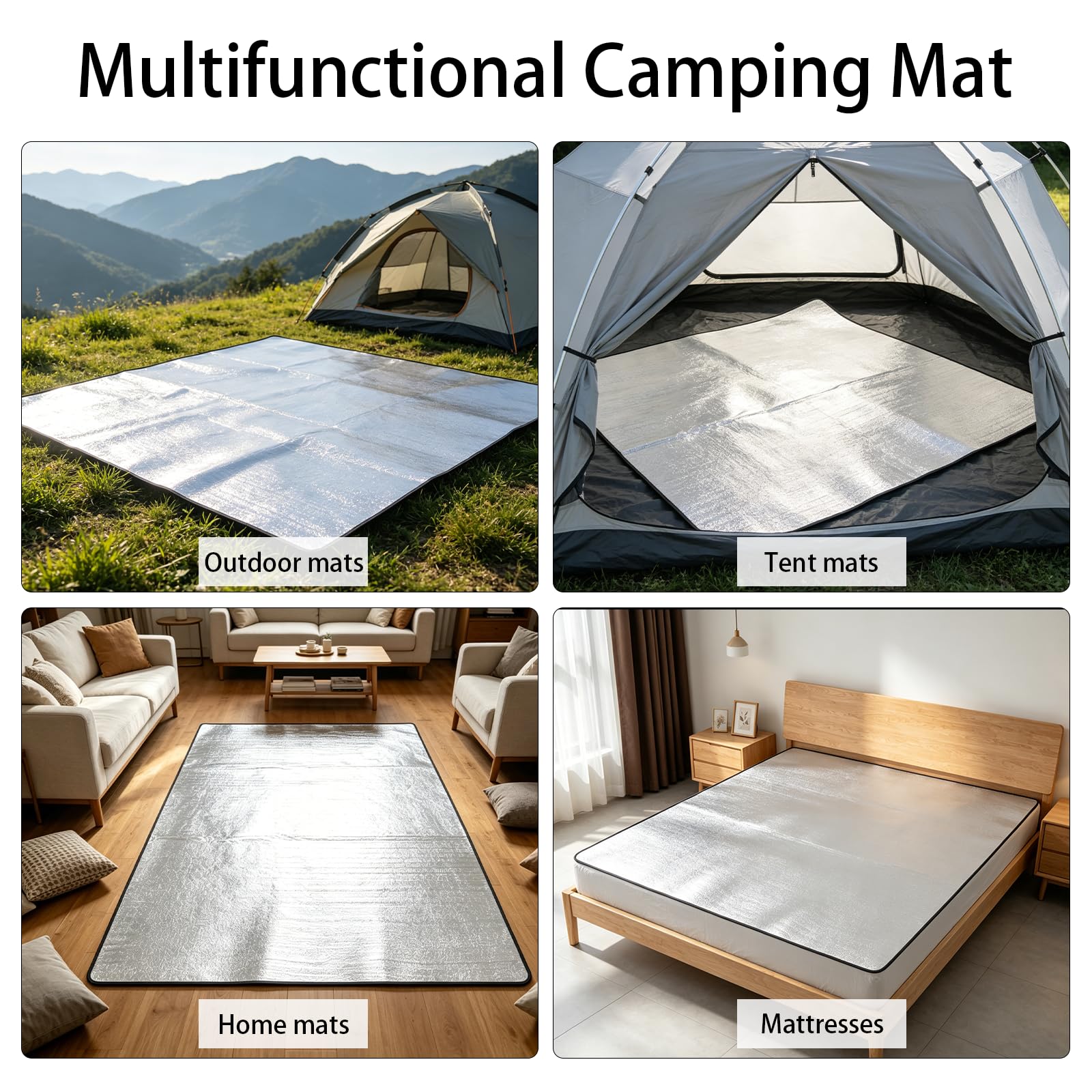 Alu Isomatte Schaummatten, 200x200cm Isoliermatte Faltbare Isolierdecke Zeltmatte Bodenmatte Thermomatte Schlafmatte für Camping Thermodecke Matte aus Aluminiumfolie