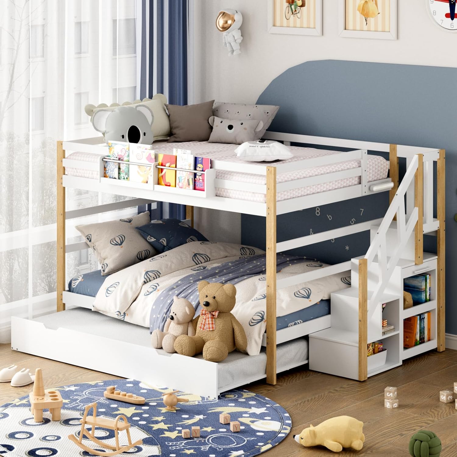Wooden Full Over Full Bunk Bed with Trundle, Storage Stairs & Convertible Fold-Out Desk, Durable Solid Wood Frame, No Box Spring Required, Ideal for Kids, Teens & Adults (White + Natural Wood, Full)