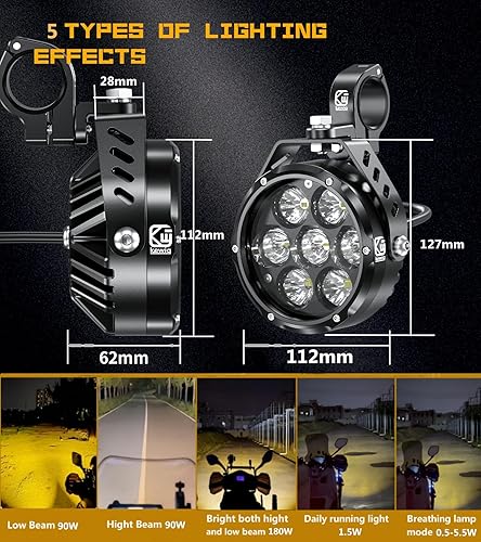 Miniatura 2 de Kewig - Faro antiniebla auxiliar LED de 11.4 cm para motocicleta, kit de luz de conducción de 90 W, ámbarblanco, con soportes de montaje, arnés de