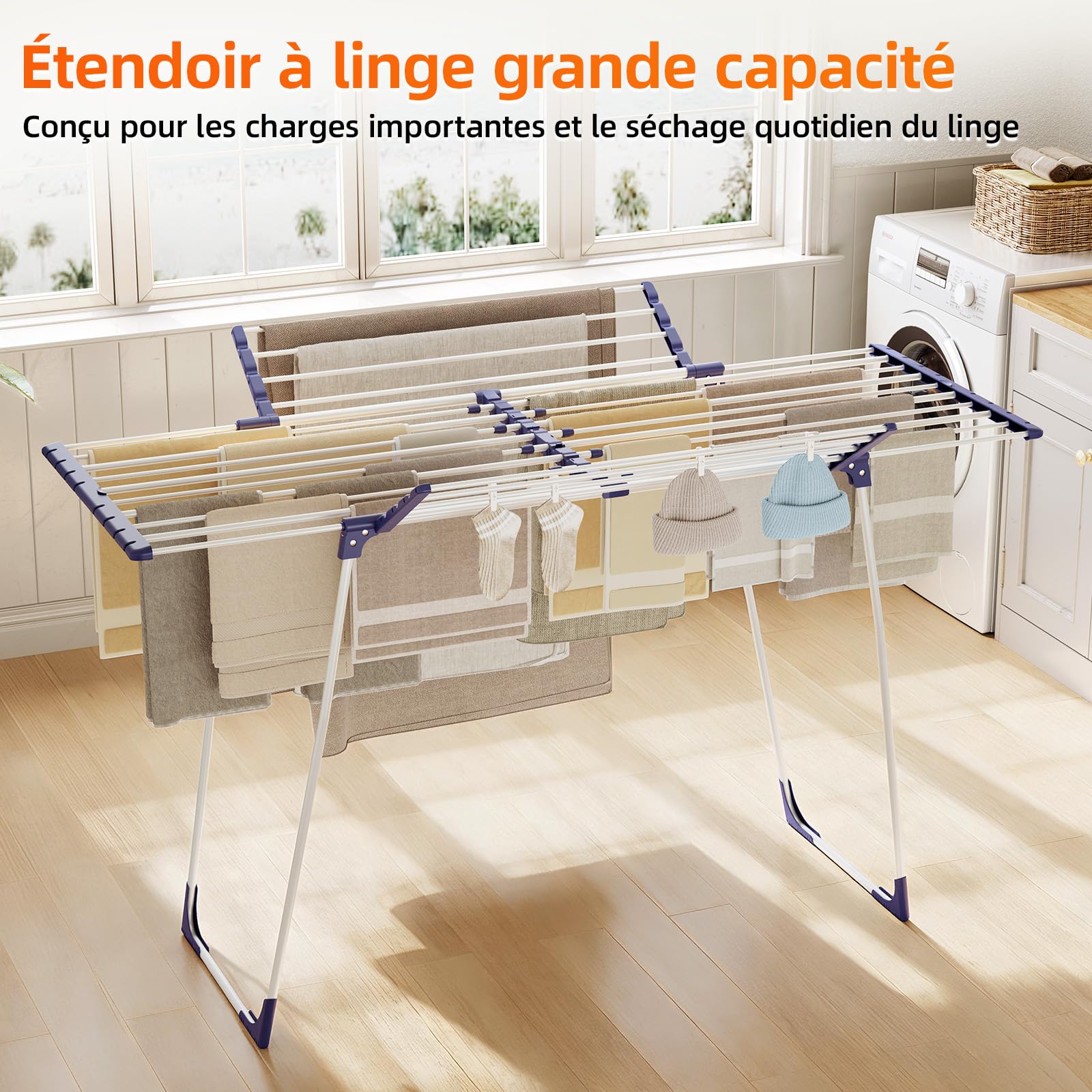 KINGBOARD Étendoir à linge pliable et extensible, étendoir à ailes 57 x 162 x 86 cm, séchoir à linge stable avec pieds antidérapants pour l'intérieur et l'extérieur, blanc