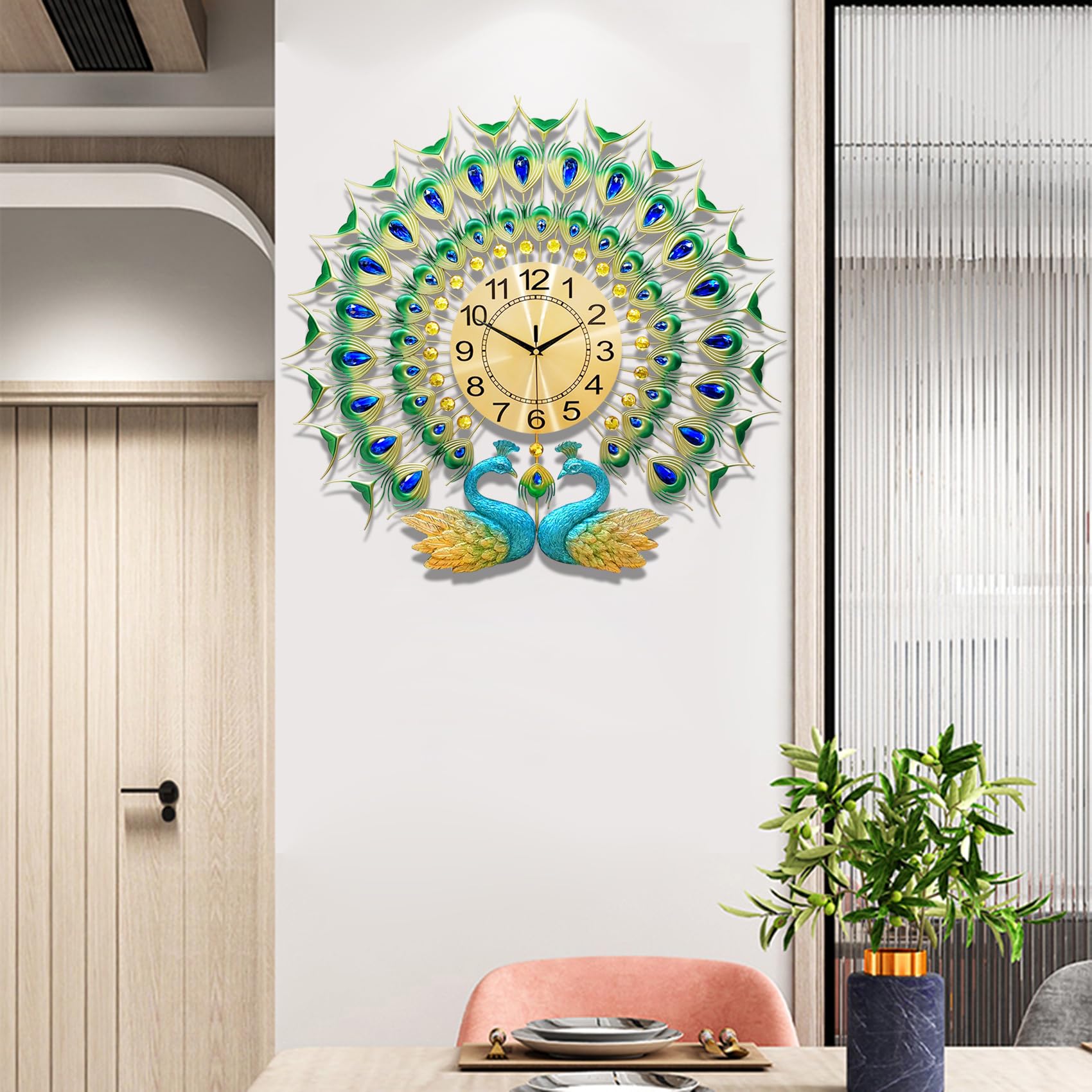 Grande orologio da parete a forma di pavone, 70 cm, silenzioso, con cristalli, design creativo e moderno, ideale per arredare il soggiorno