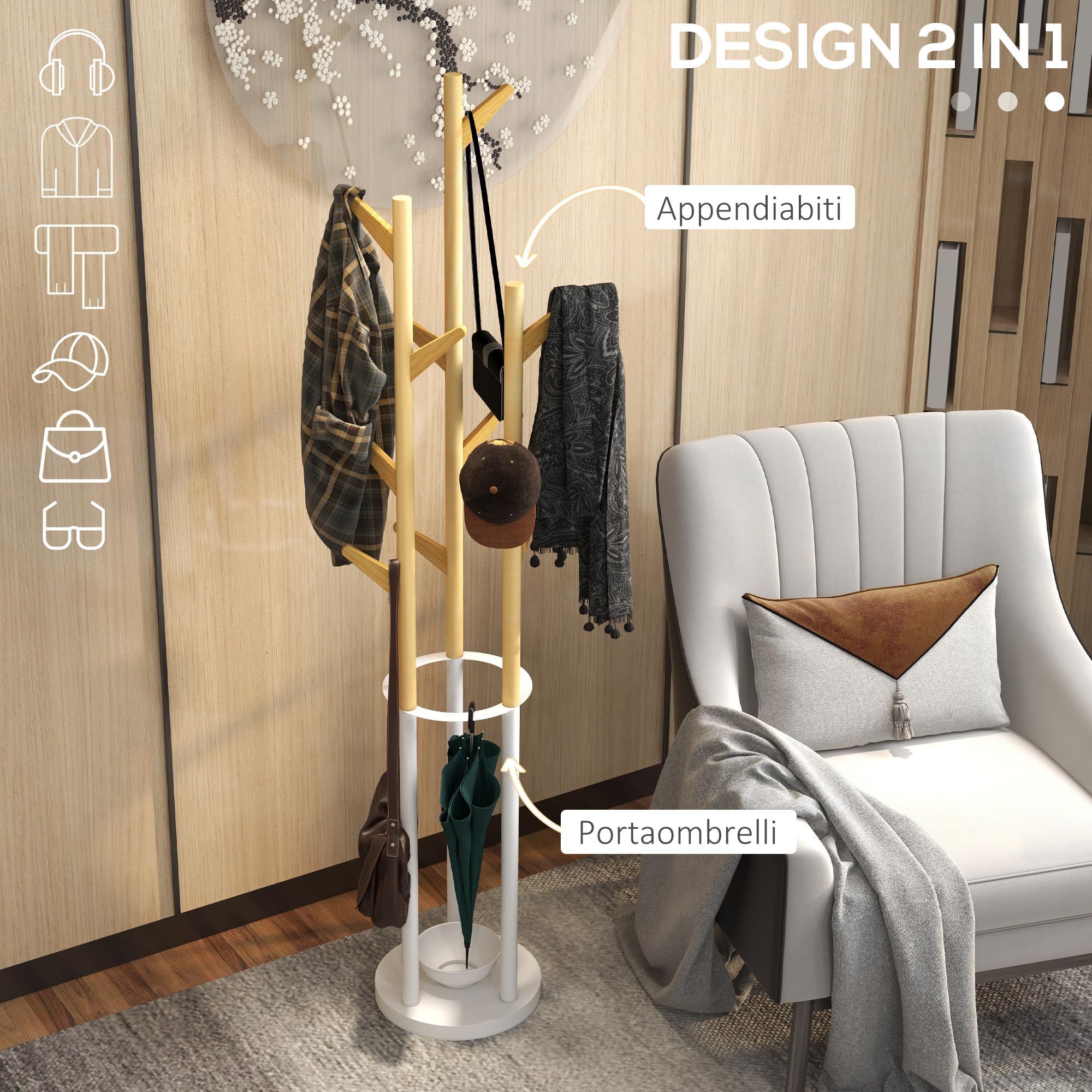 HOMCOM Appendiabiti da Terra di Design 30.5x30.5x174.5cm Legno e Bianco | Portaombrelli e 12 Ganci, Metallo e Bambù