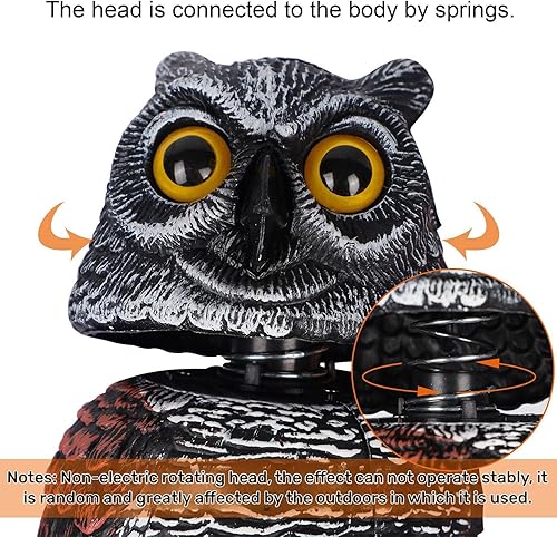 Miniatura 3 de Hausse Paquete de 3 espantapájaros falsos señuelo de búho con cuernos, cabeza giratoria de plástico para disuasorios de pájaros, repelente de plagas