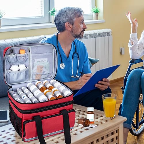 Miniatura 8 de CURMIO Bolsa organizadora de botellas de píldoras de doble capa vacía, organizador de medicamentos con cremalleras bloqueables, bolsa de viaje para
