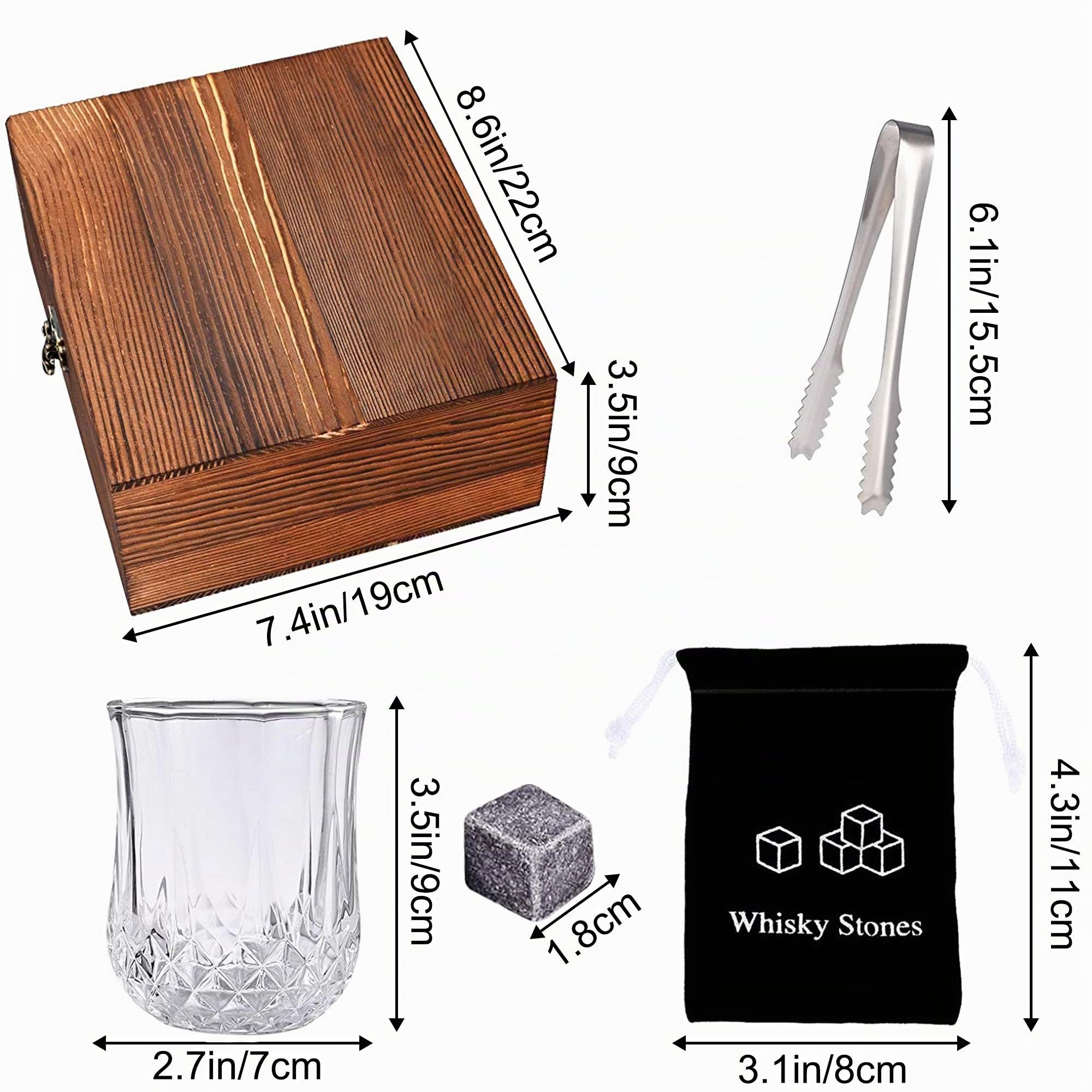 Piedras de Whisky, 8 Piedras para Enfriar, 2 Vasos, 2 Posavasos, 1 Caja de Madera, 1 Pinza para Hielo de Acero Inoxidable, 1Bolsa de Almacenamiento, para Papá, Esposo, Amigos (Madera)