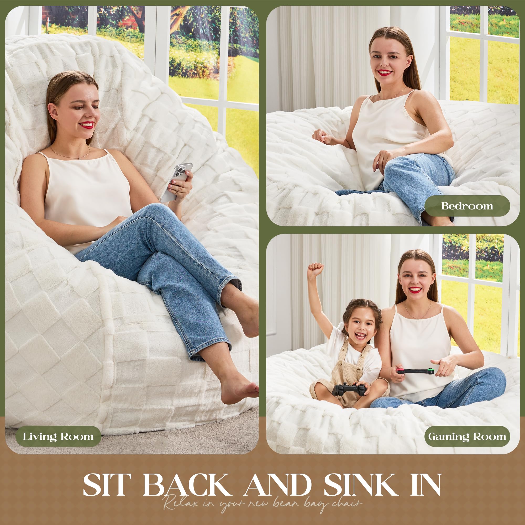 Hobestluk 3ft Large Bean Bag Chair With Plush Fur Cover – Chevron Design, Memory Foam Filled, For Living Room, Bedroom, Dorm (White, 36" X 36" X 22")