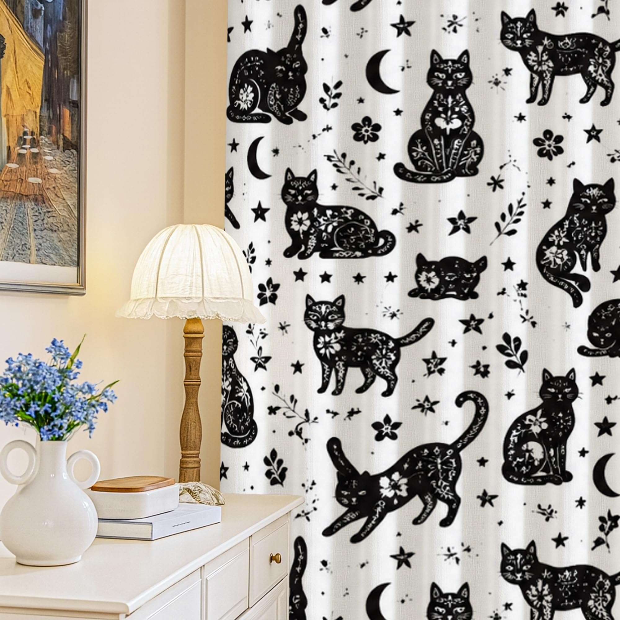 Rideaux occultants lavables en machine motif chat noir lune et étoile