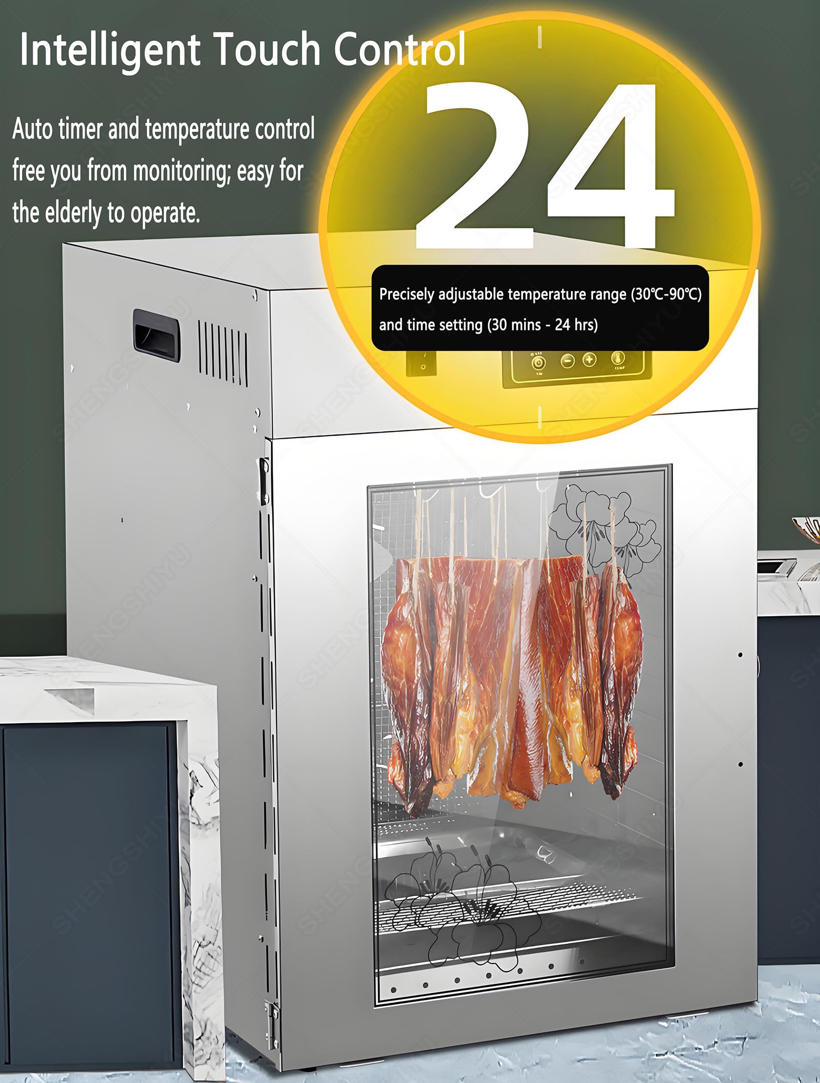 Gewerblicher Fleischtrocknungs Und Reifeschrank Edelstahl,Räuchern Und Trocknen 2-in-1,Temperaturbereich 30-90℃,24 Stunden Timer,Dry AGER Reifeschrank Für Beef Jerky,Würstchen 7.5kg