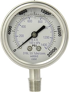 PIC Gauges 301LFW-254W Bottom Mount Glycerine Filled Pressure Gauge w/ SS Case/Internals/Bezel, PC Lens, 2.5