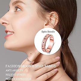 AmorArtSky Spinner Ring for Anxiety Relief Fidget:Anxiety Ring for Women Men,Titanium Stainless Steel Spinner Ring,5 Colors,6MM,Fidget Ring,Moon Star,Hollow Outer-Rose Gold
