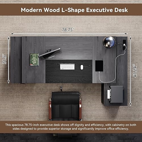 Miniatura 3 de Escritorio en forma de L con cajones para el hogar, escritorio de oficina ejecutivo de 78 pulgadas con toma de corriente, escritorios grandes de