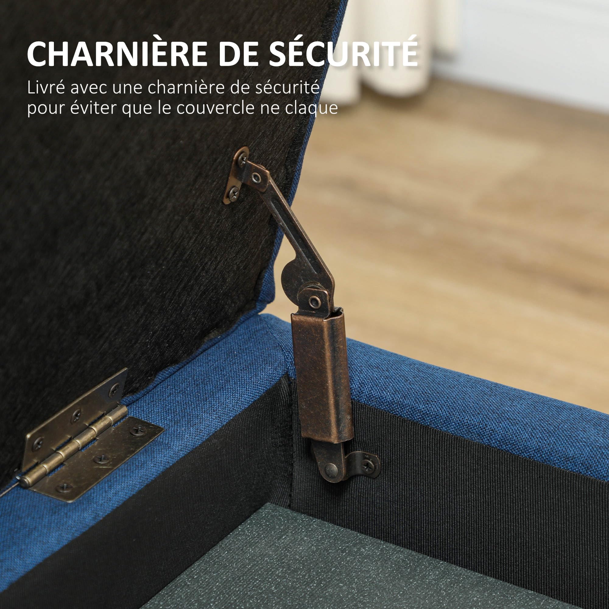 HOMCOM Banc de Rangement 94,5L Siège Capitonné 125 x 49 x 41,5 cm Bleu | Banquette Bout de Lit, Coffre de Rangement, Tissu Aspect Lin, Pieds en Bois, Salon, Chambre, Entrée, Intérieur