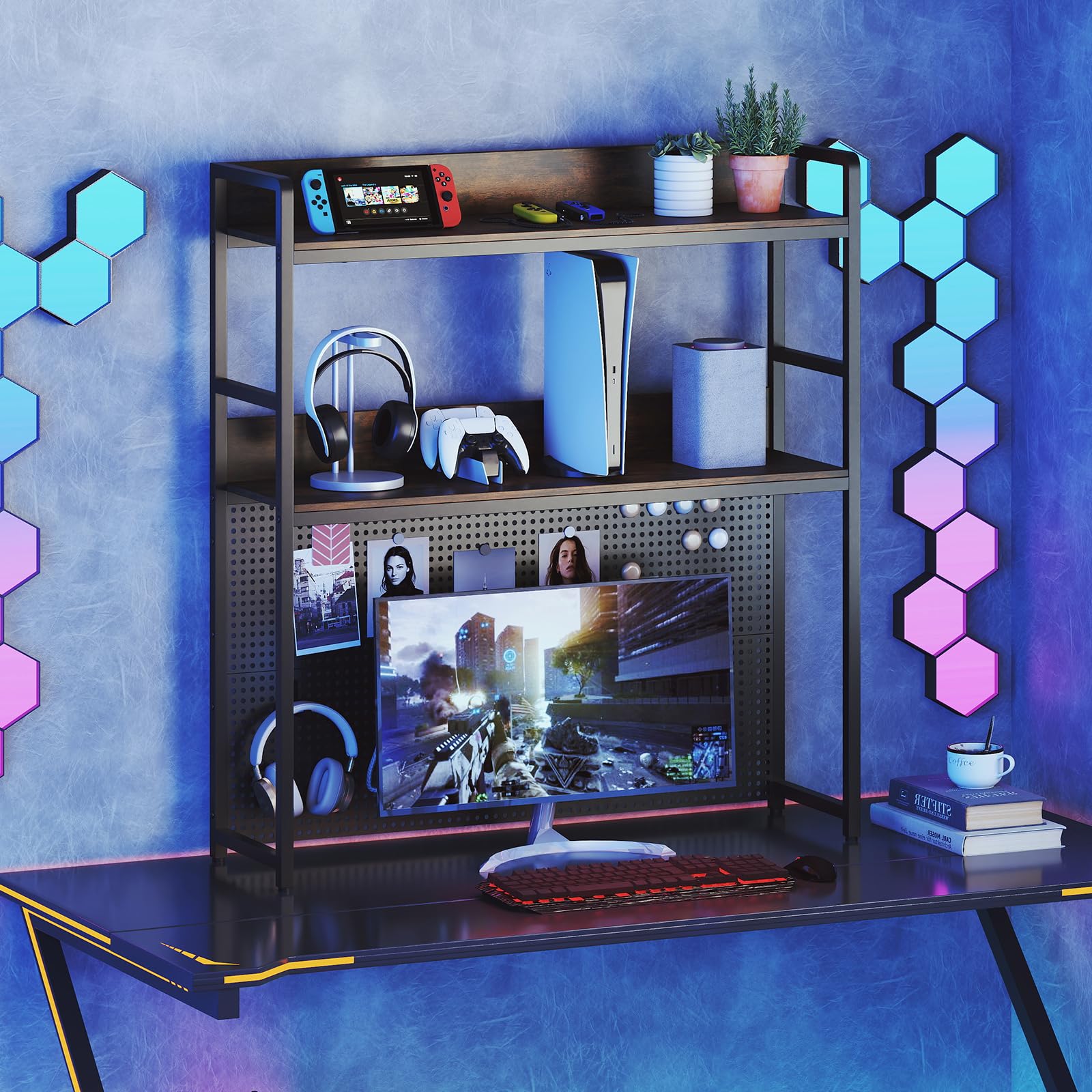 COSTWAY Libreria da Scrivania a 2 Livelli, Scaffale da Tavolo Industriale per Monitor di Computer Fino a 32", Organizzatore di Stoccaggio con Pegboard, per Dormitorio Ufficio e Casa, 94x27x103 cm