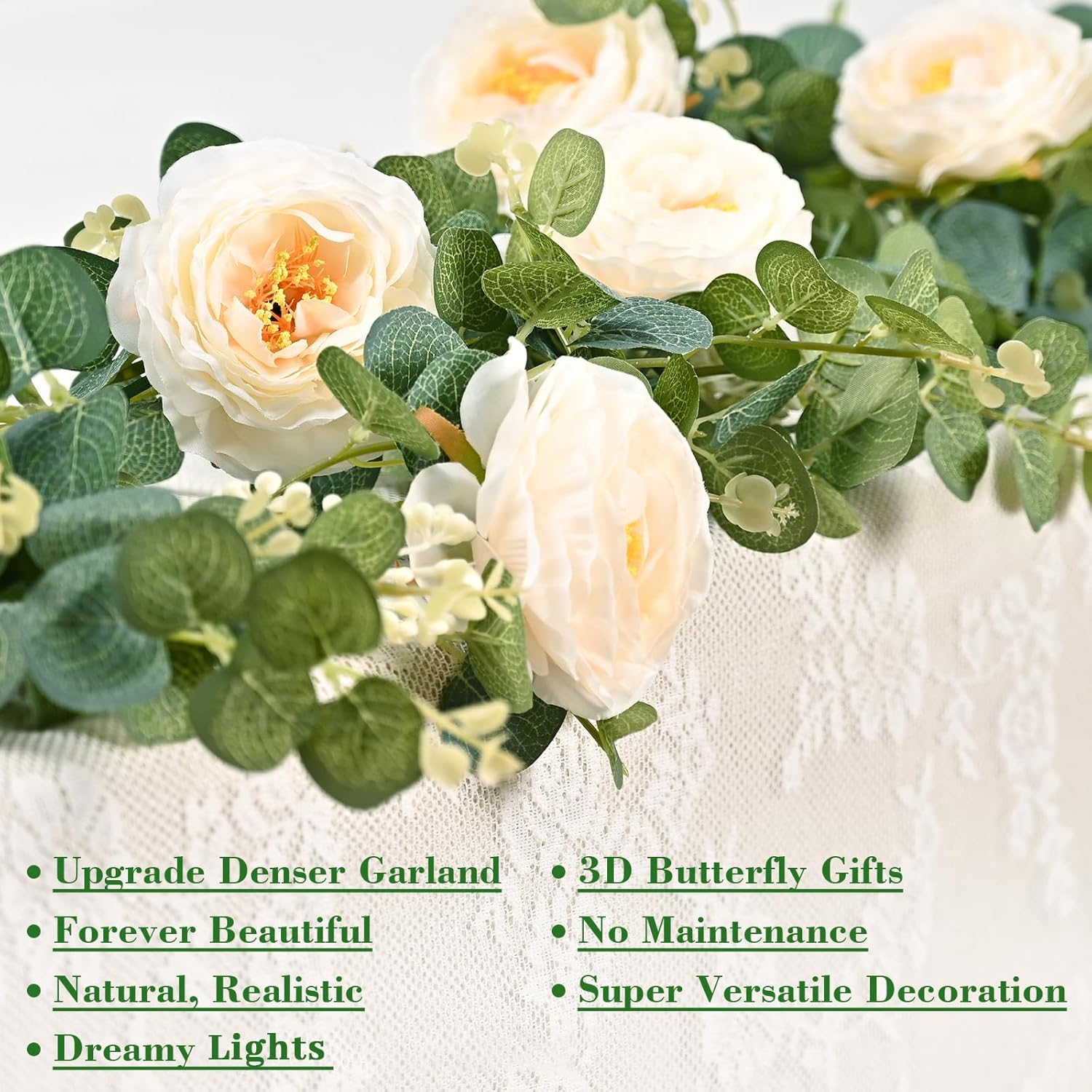Yastouay 6.4 Ft Fuller Flower Garland with Light Butterfly, Artificial Eucalyptus Garland with Champagne Flowers Fake Rose Camellia Vine for Table Centerpiece Wedding Arch Room Decor - Image 2