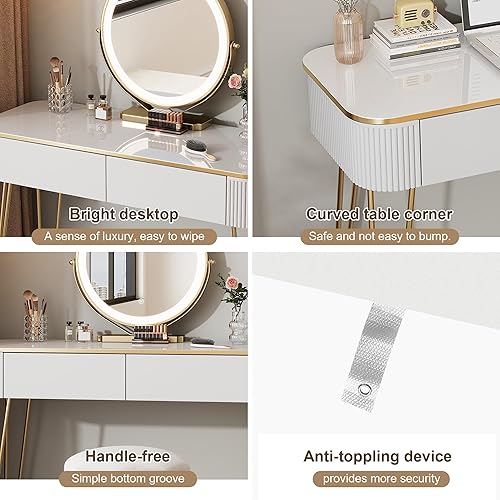 Miniatura 7 de Tocador Pequeño con Espejo y Luces, Tocador de Maquillaje Blanco y Dorado de 39" con 2 Cajones, Mesa de Tocador Moderna para Mujeres, Dormitorio y