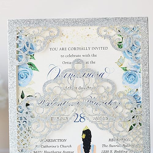 Miniatura 4 de Hosmsua 50 invitaciones de quinceañera con purpurina plateada personalizada de 5.1 x 7.3 pulgadas, corte láser, corona floral, bolsillo, tarjetas de