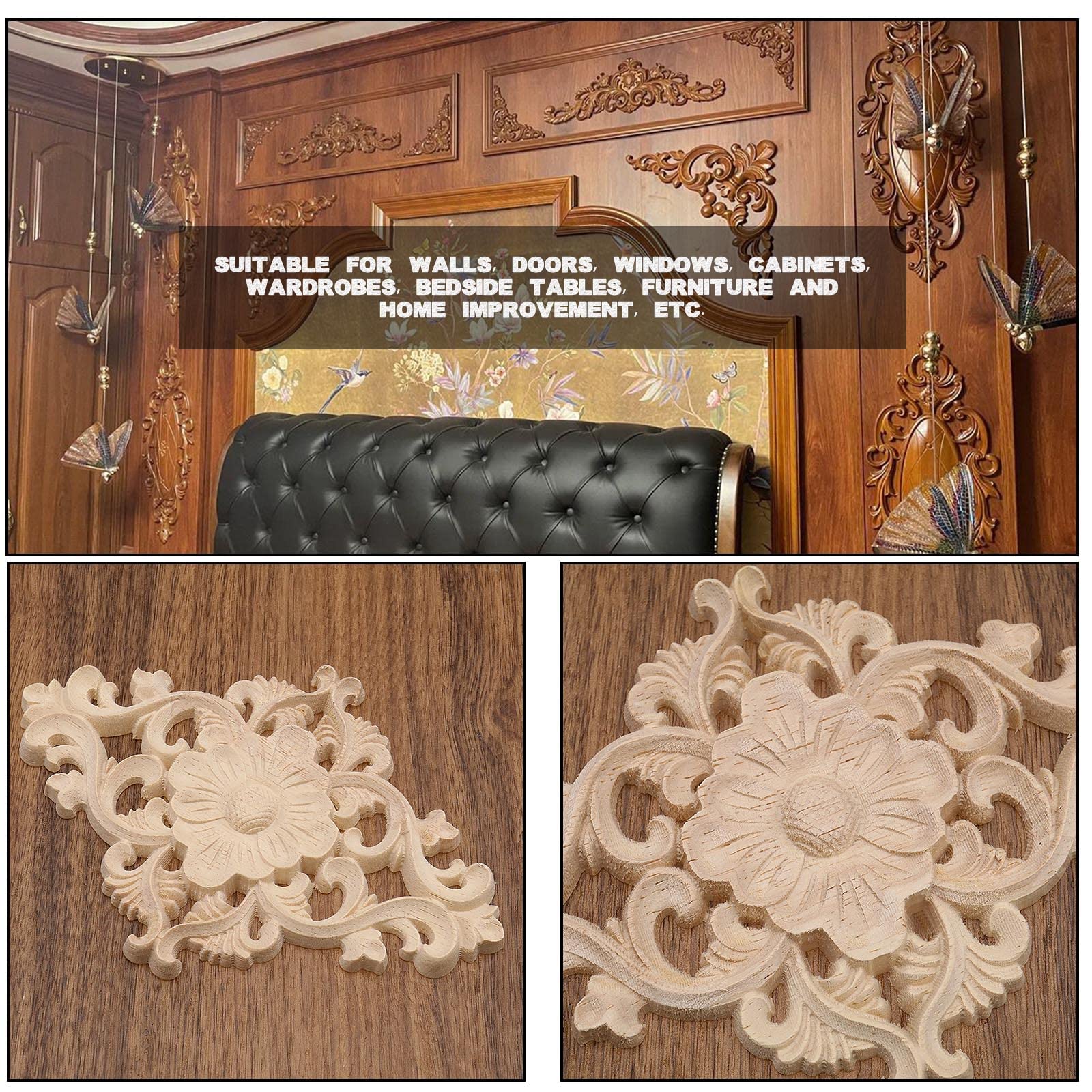 EMSea 4PCS Legno Intagliato Appliques Non Verniciato Onlay
