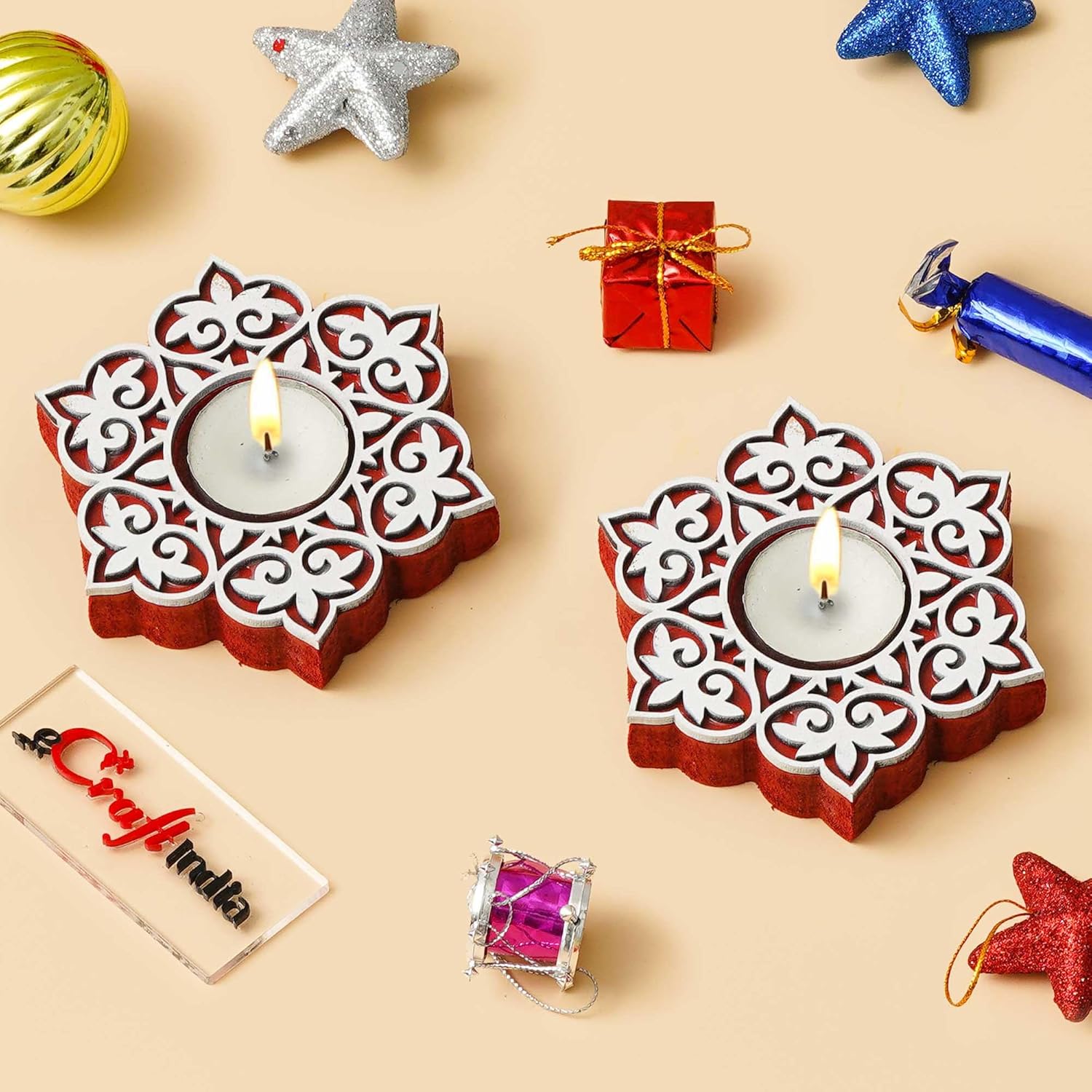 eCraftIndia Wooden Floral Printing Block Decorative Tea Light Candle Holders (Set of 2, Red White) Diwali Christmas Decorations Items for Home Office | Christmas Gifts for Women Men Family Friend