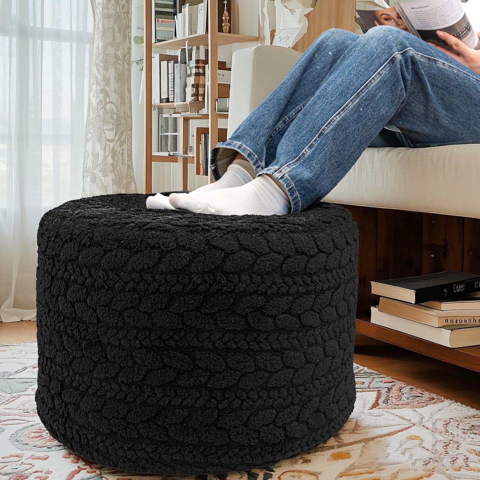 Poofieotto Round Pouf Ottoman 20x14In Ottoman Footrest for Couch Sofa Black | All-in-one Foam Floor Pouf,Ottoman Coffee Table,Foot Stools Ottoman Boho Poof Home Decor Bean Bag Chairs Living Room Bedroom