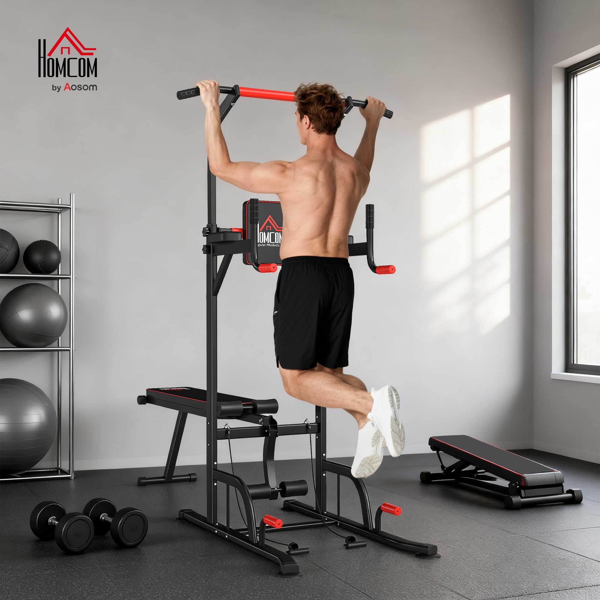 HOMCOM Torre Entrenamiento Energía Power Tower Estación Pull Up Multifuncional Ajustable en Altura con Banco Plegable Barra de Dominadas para Fitness 220x98x181-229 cm Negro