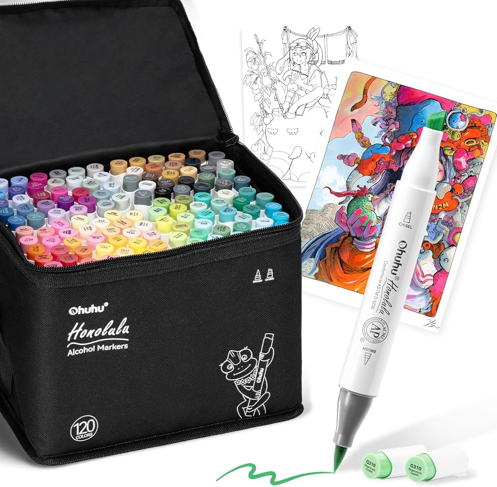 ohuhu アートマーカー 細字、筆 120色121本 honoluluB Amazon | Ohuhu マーカーペン 筆タイプ 120色121本 プロ愛用 イラスト