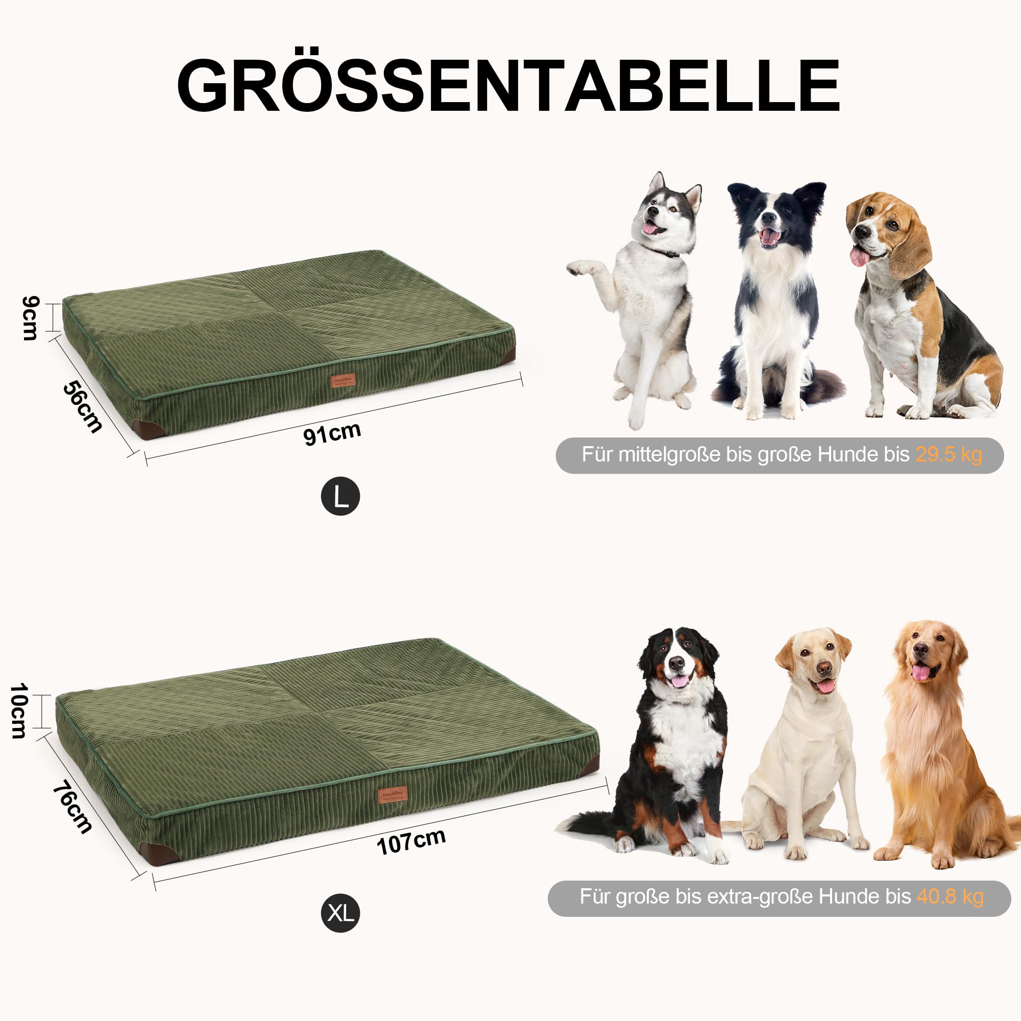 FUKUMARU Orthopädisches Hundebett - 91x56x9 cm, waschbares Hundekissen mit wasserdichter Gewebeschicht, kuschelige Hundematte, Hundematratze, Anti-Rutsch Hundecouch, grün.