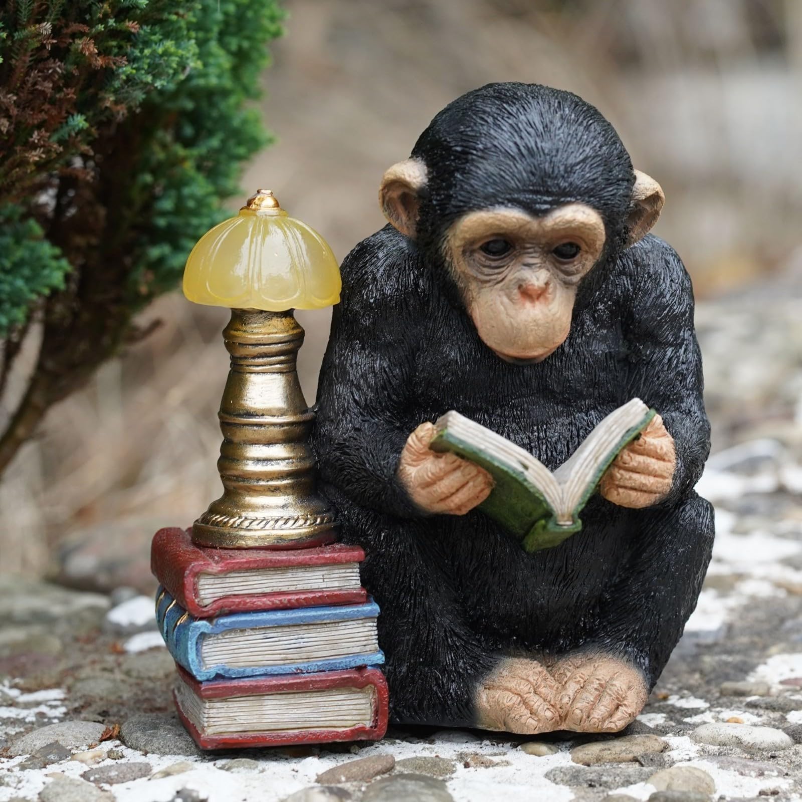 Reading Monkey Solar Light Resin Sculpture | Outdoor Garden Home Ape Statue Lamp Chimp Jungle Animal Gift
