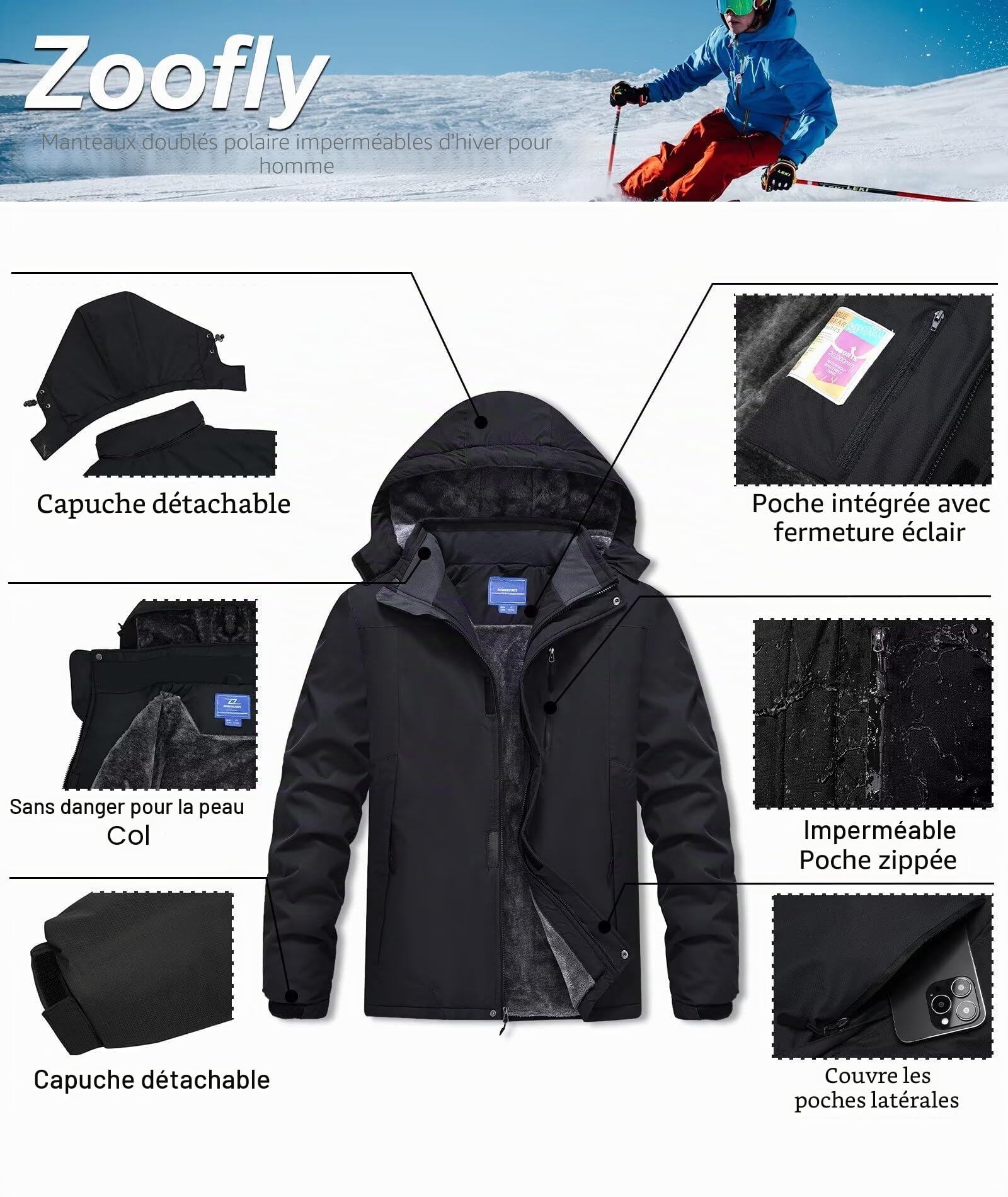 Zoofly Veste Homme Hiver Coupe-Vent Manteau Ski Homme Poches Zippées Veste Imperméable Chaud Doublure Polaire Veste De Montagne avec Capuche Amovible