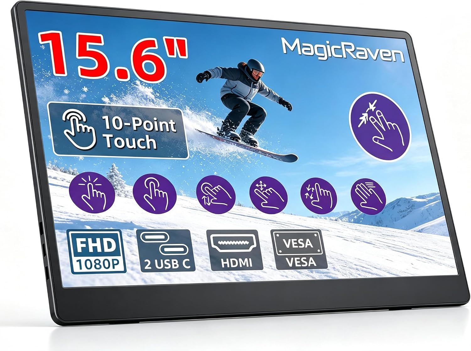 15.6'' Portable Monitor Touchscreen 10 Point 1080P IPS External Touchscreen Monitor for Laptop, USB-C HDMI Second Portable Screen Travel Monitor with 2 Speakers VESA for Mac Window PC Phone PS5(Touch)