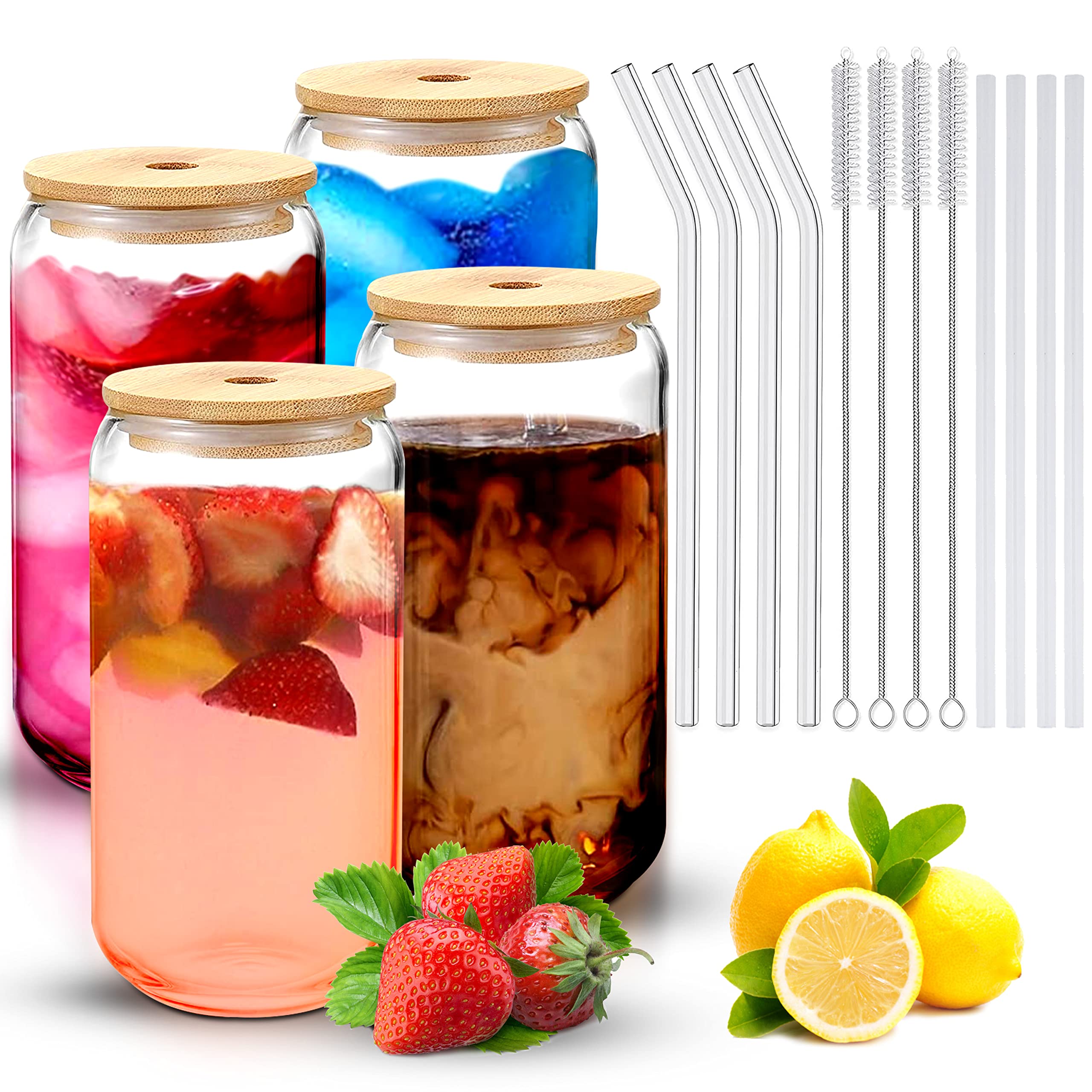 Gobelets en verre transparent de 473 ml réutilisables avec couvercles en bambou