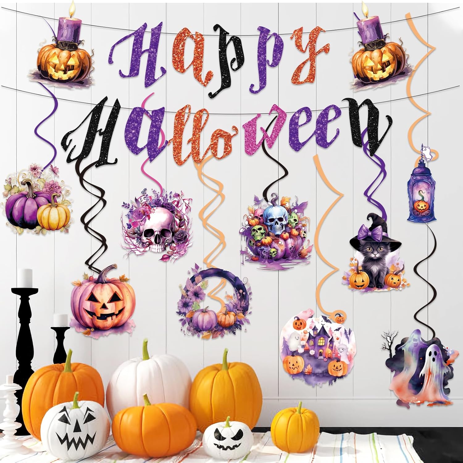 Halloween Hanging Swirls Ceiling Streamers Banner Pumpkin Ghost Garland - Halloween Party Decorations for Birthday Baby Shower Classroom Office