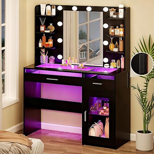 6% off deal for HUAHUU Vanity Desk with Mirror and Lights, Makeup Vanity Desk with Lights 3 Colors, Transparent Top Vanity with 2 RGB Drawers, 6 on Amazon