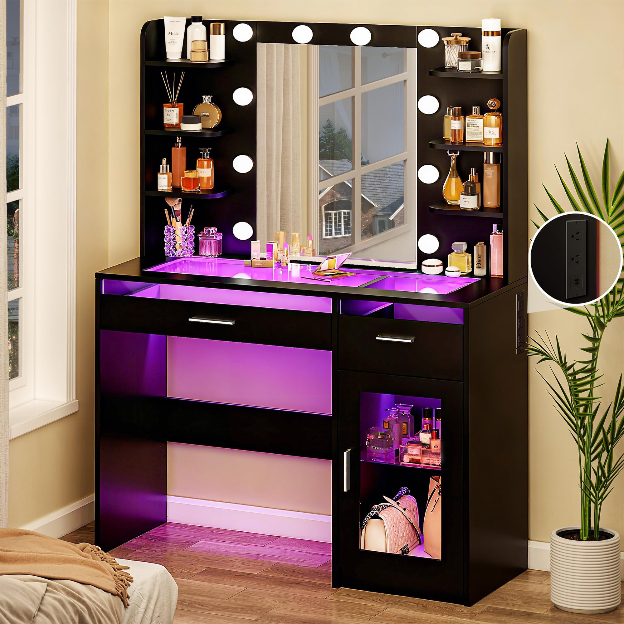 HUAHUU Vanity Desk with Mirror and Lights, Makeup Vanity Desk with Lights 3 Colors, Transparent Top Vanity with 2 RGB Drawers, 6 Shelves, Large Tempered Cabinet, Power Outlet, for Bedroom, White: Black