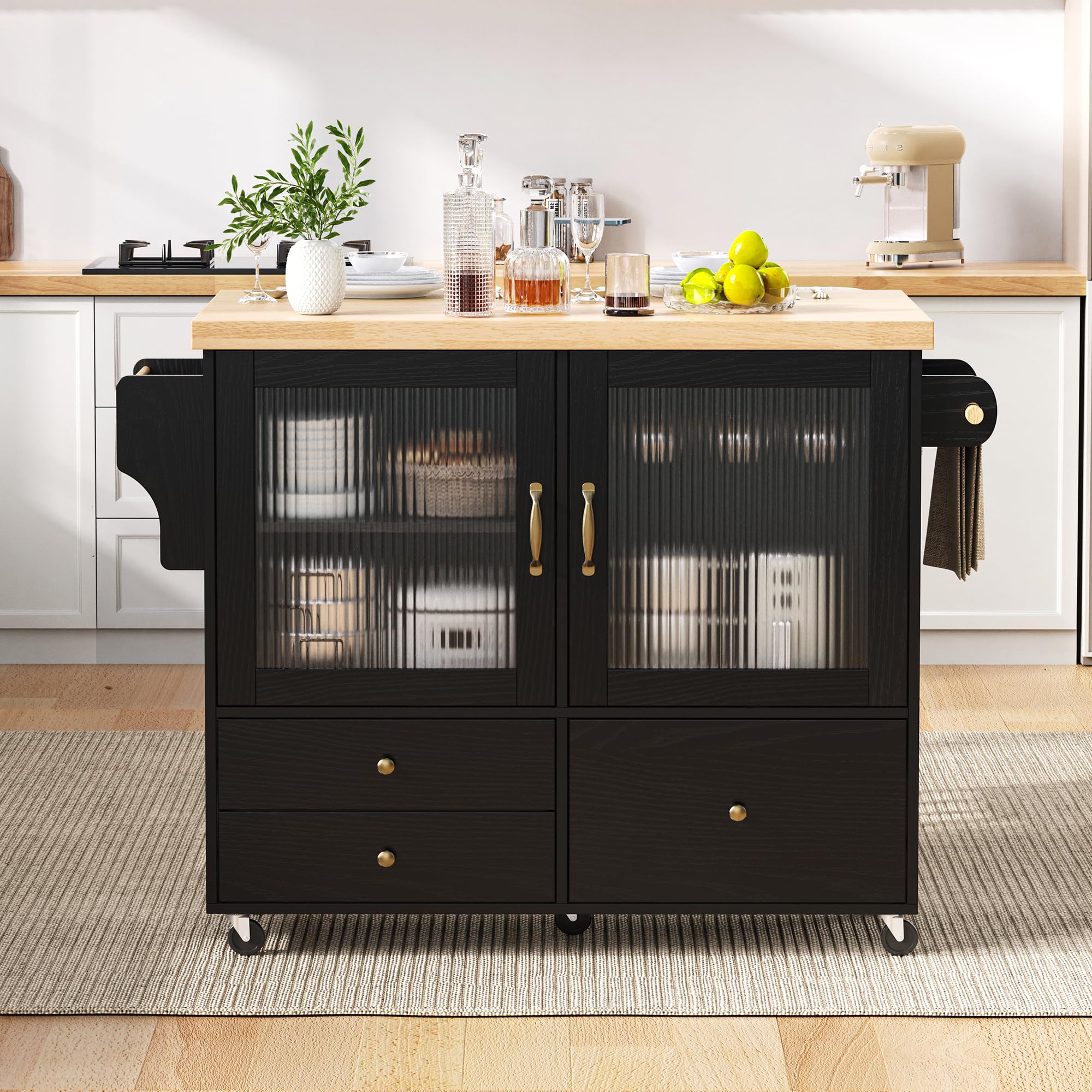 Muskel Isla de cocina móvil con mesa de comedor extensible, carrito de cocina con ruedas con soporte para copas de vino, encimera y espacio de almacenamiento, independiente para cocina, comedor y sala
