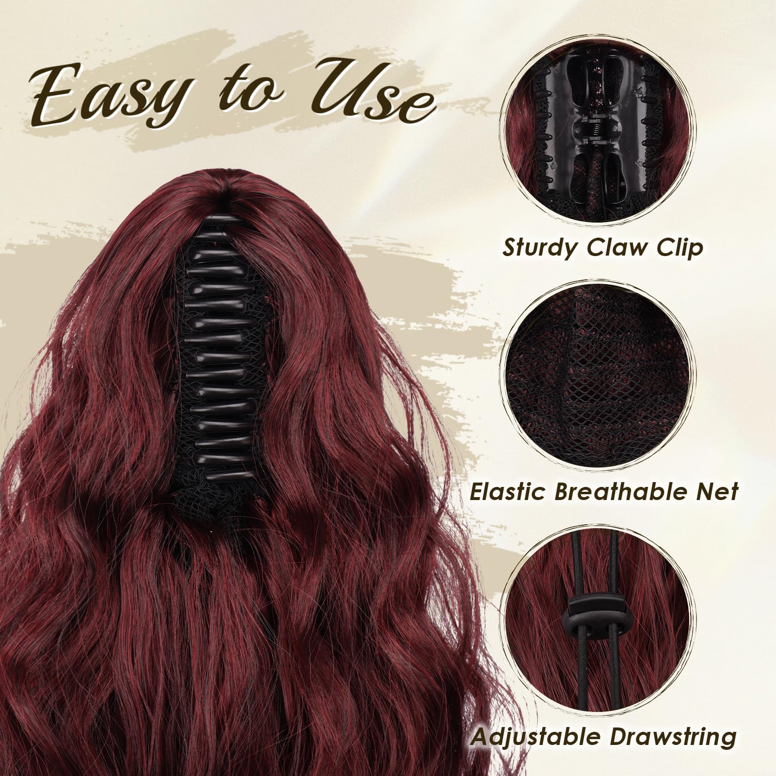 FESHFEN Claw Clip Ponytail Extensions, Long Pony Tail Hair Piece Wavy Curly Synthetic Hairpieces for Women Black Ombre Red 30 inch - Image 3