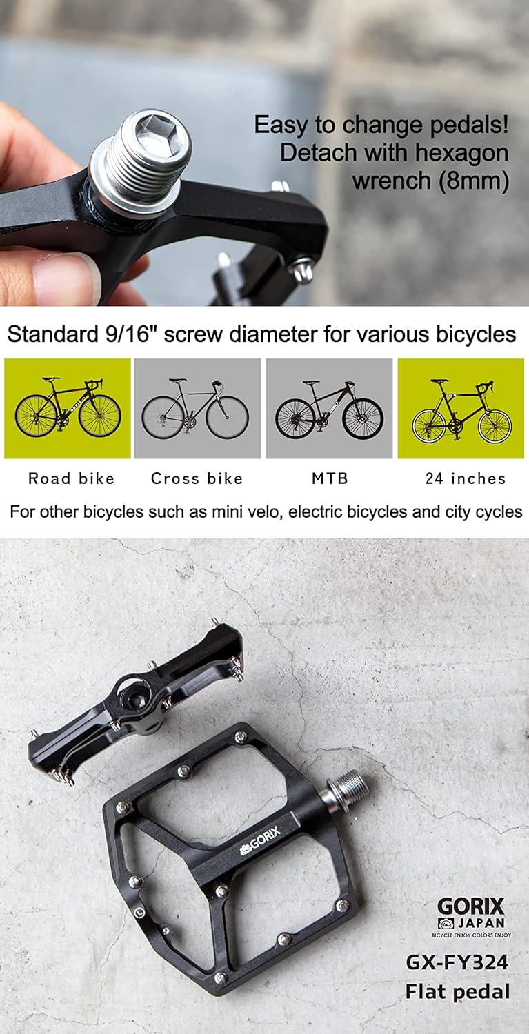 GORIX Bike Flat Pedals Wide CNC 3 Bbearings Lightweight with Non-Slip Pin Spike Road Mountain MTB Bicycle (GX-FY324)