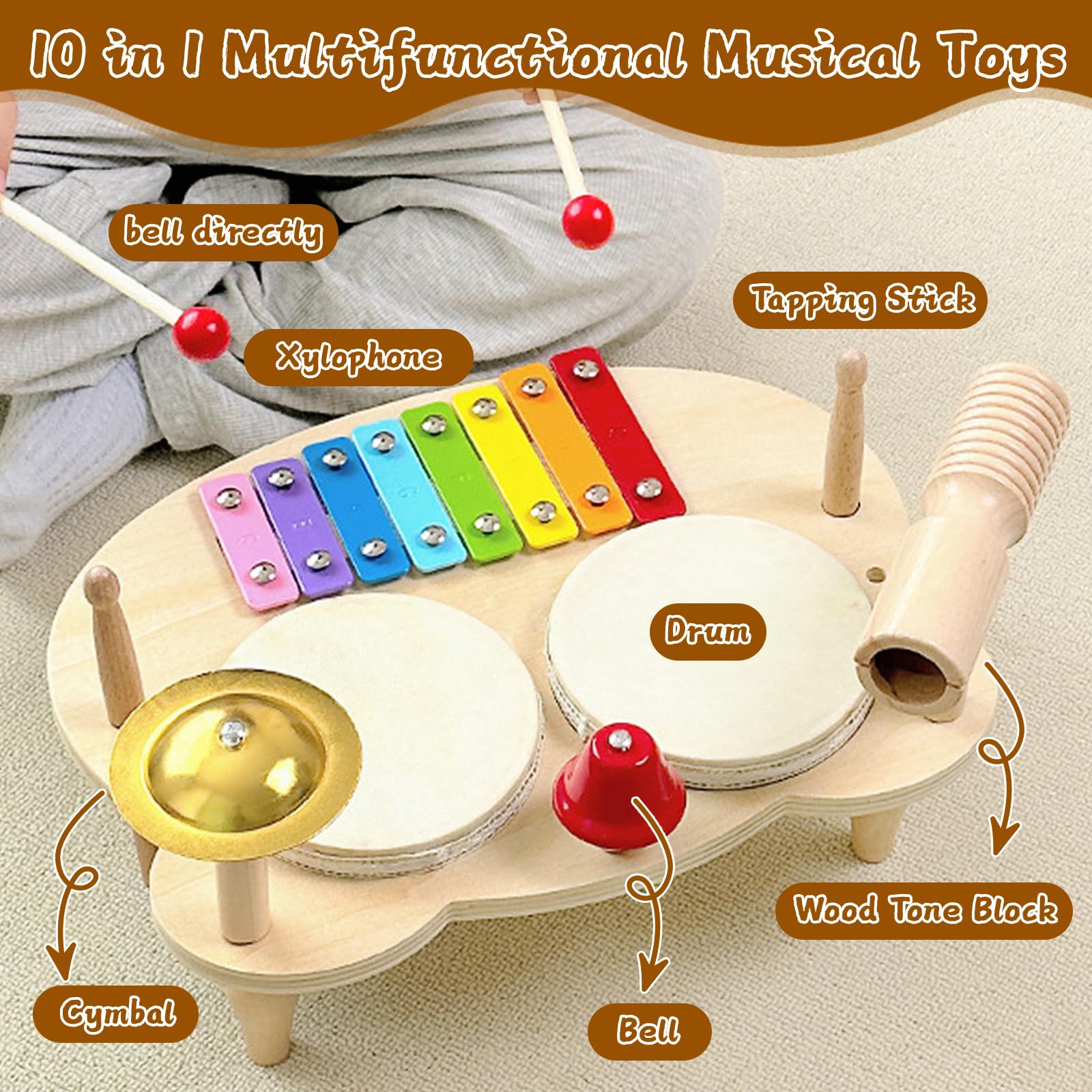 UCAMP Perkusja 10 w 1, instrumenty muzyczne dla dzieci w wieku od 1 do 3 lat, z ksylofonem, zabawką drewnianą, stół z instrumentem muzycznym – prezent dla chłopców i dziewczynek