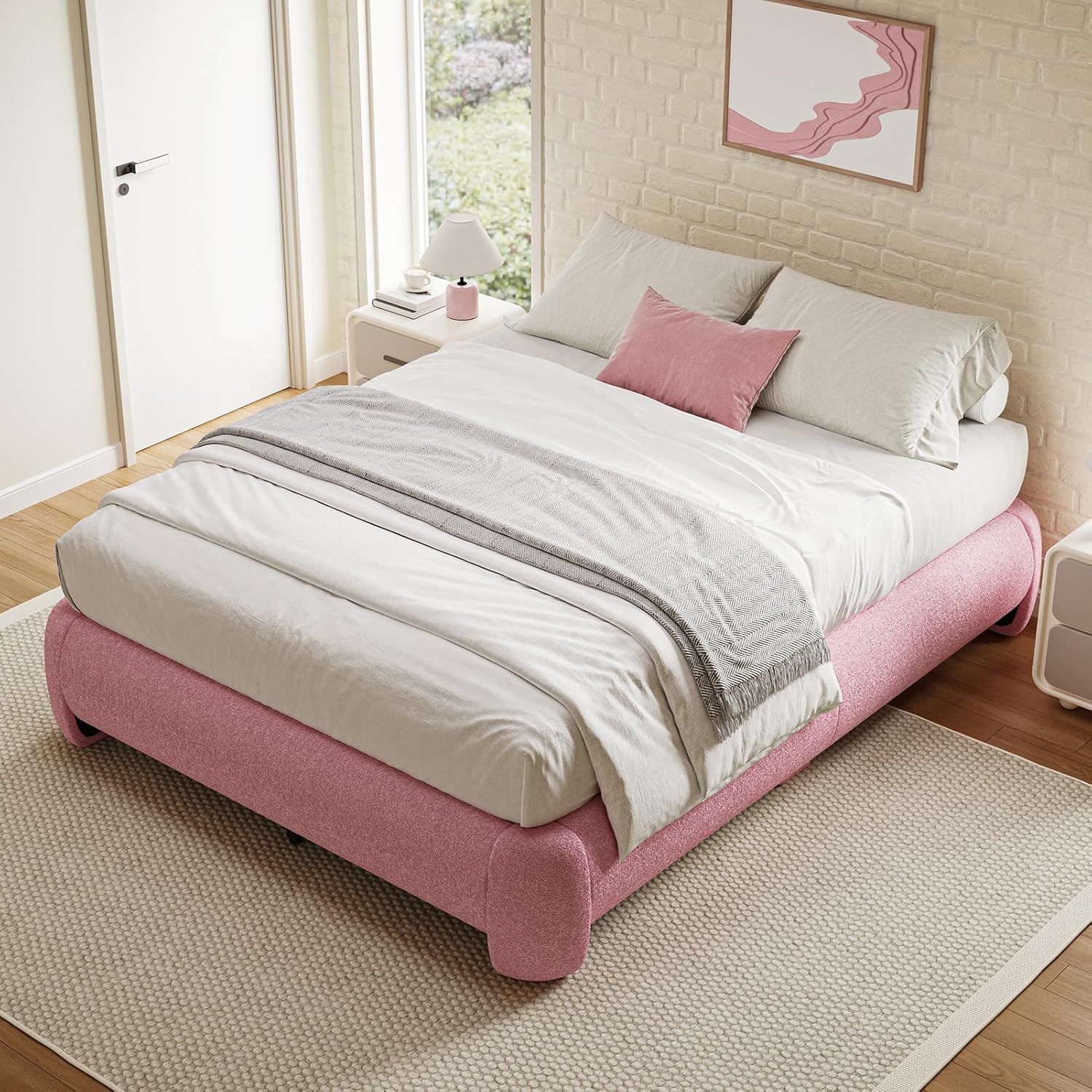 Cloud Platform Bed Frame Queen Size, Soft Boucle Bed Frame with Round Corner, Upholstered Queen Bedframe with Heavy Duty Wood Slat, No Box Spring Needed, Easy Assembly, Pink